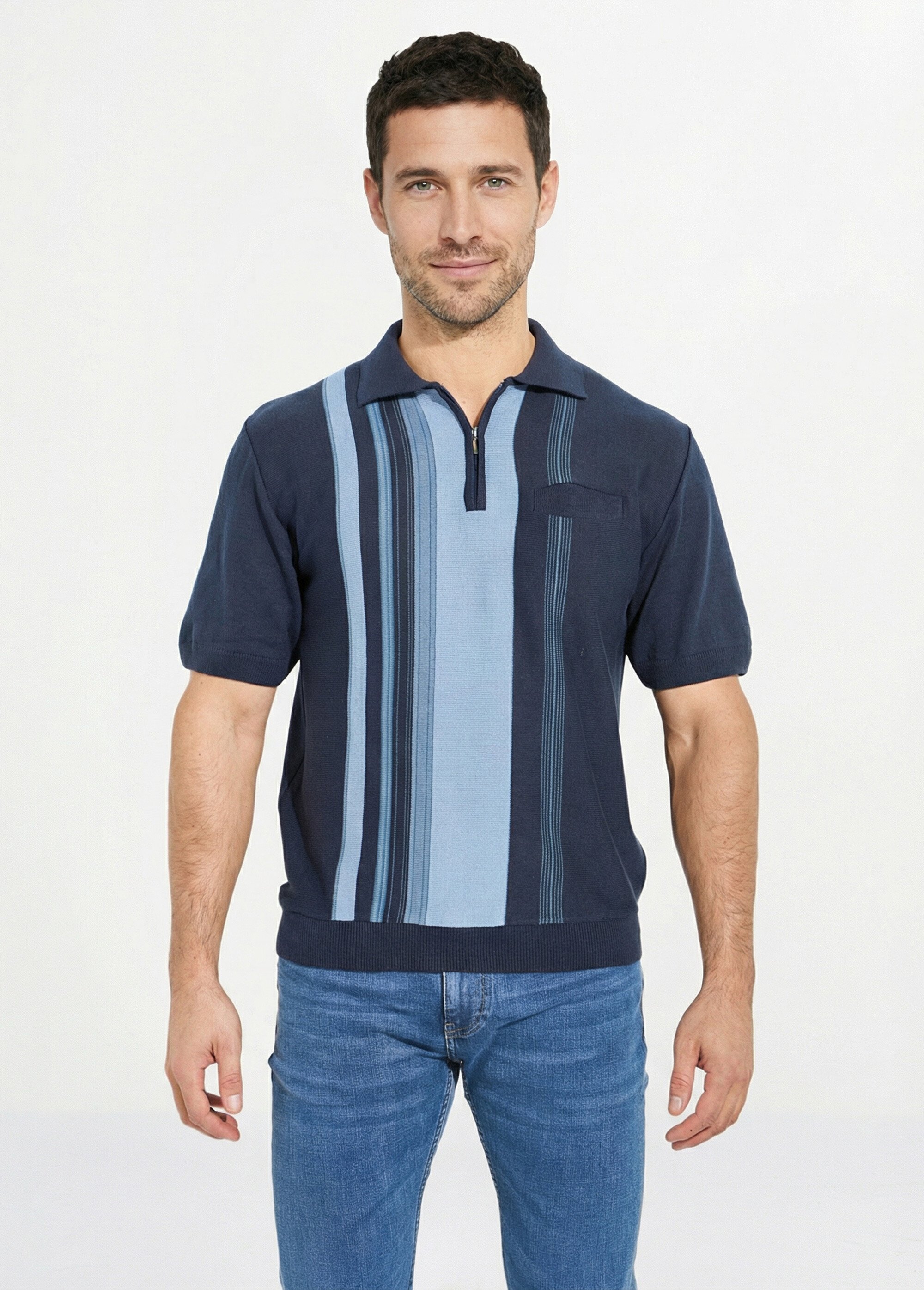 Polo zippé manches courtes rayures jacquard Homme Bleu FAVENEC FA1