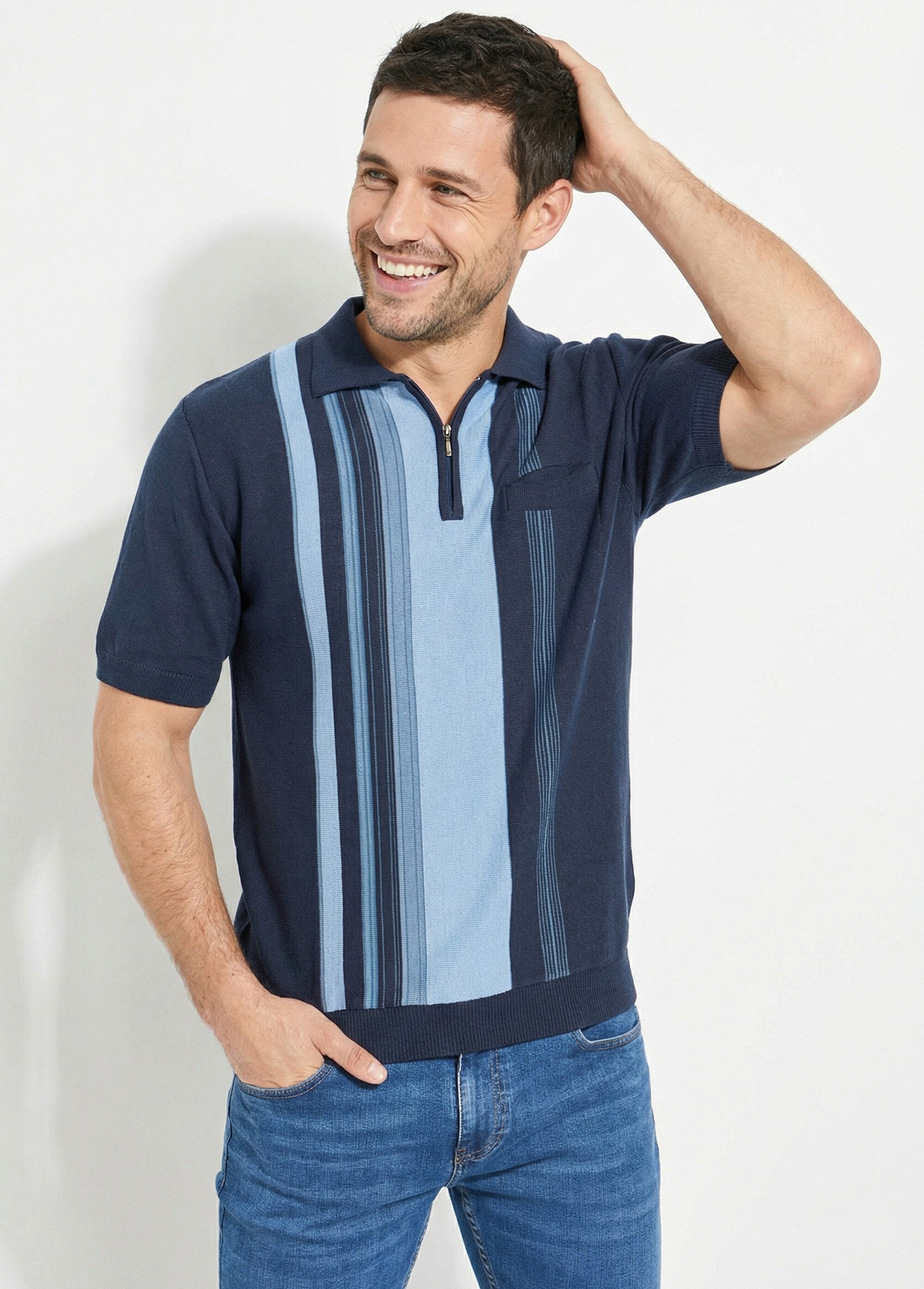 Polo zippé manches courtes rayures jacquard Homme Bleu FAVENEC MV1