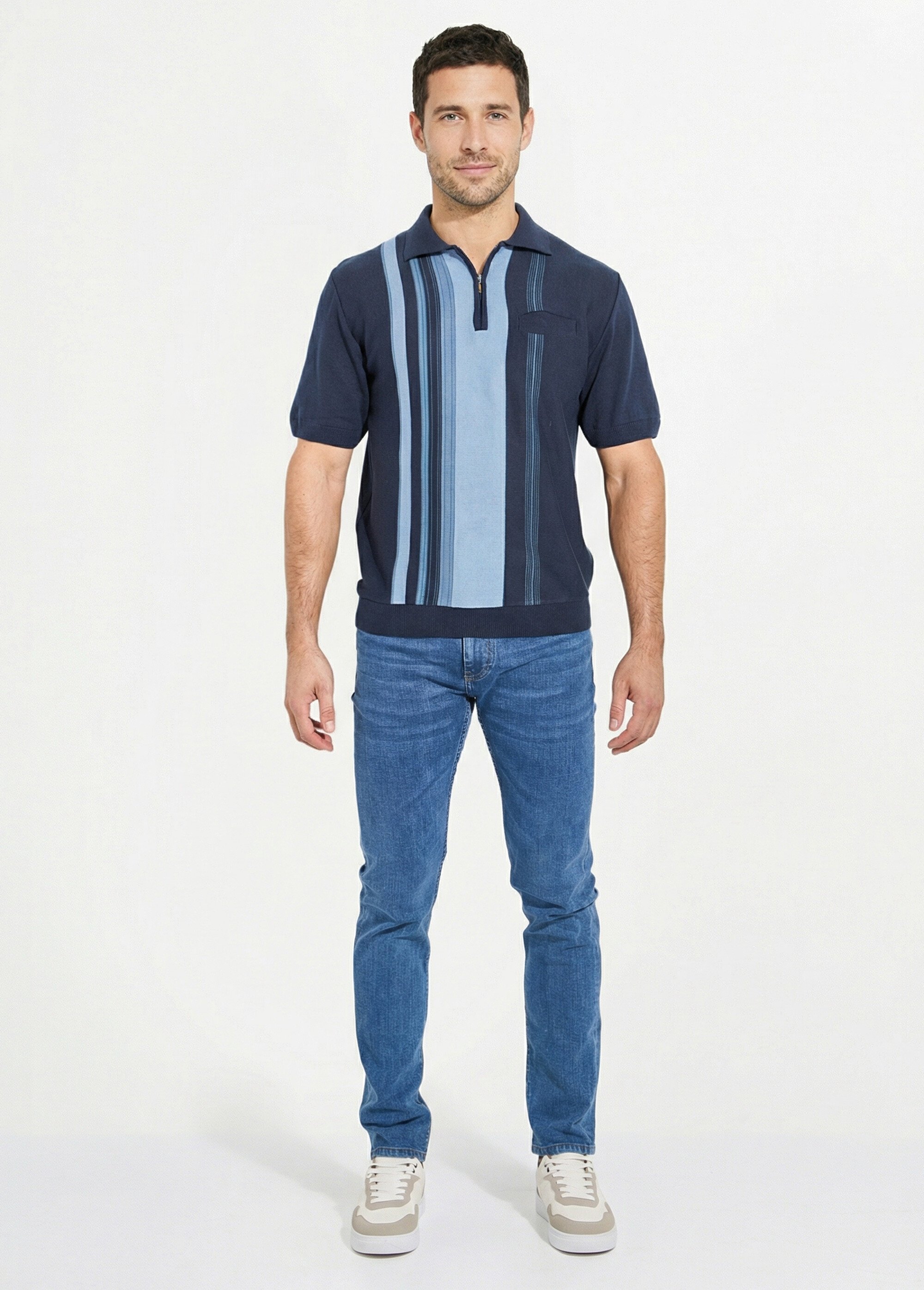 Polo zippé manches courtes rayures jacquard Homme Bleu FAVENEC SI1