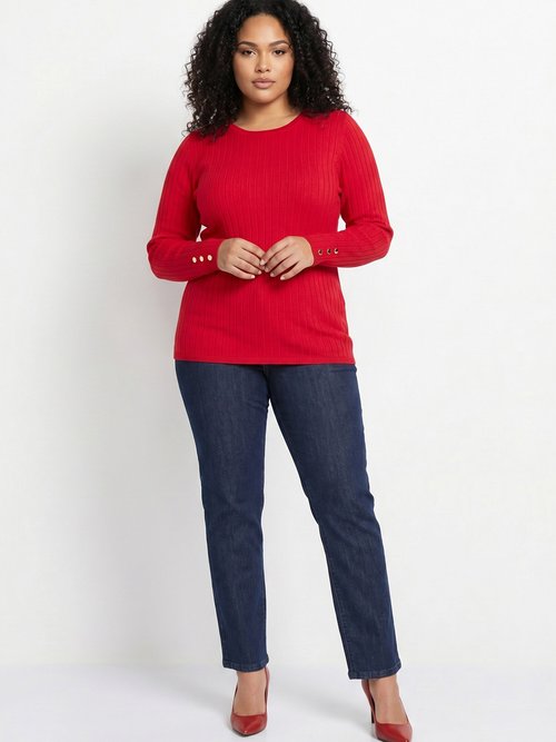Pull doux côtelé court col rond côtes plates Femme Grande Taille Rouge PALLUD SI1