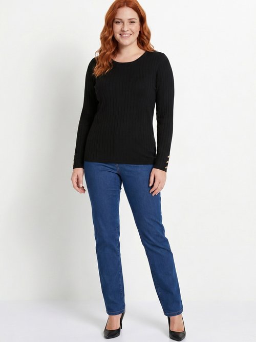 Pull doux côtelé court col rond côtes plates Femme Grande Taille Noir PALLUD SI1