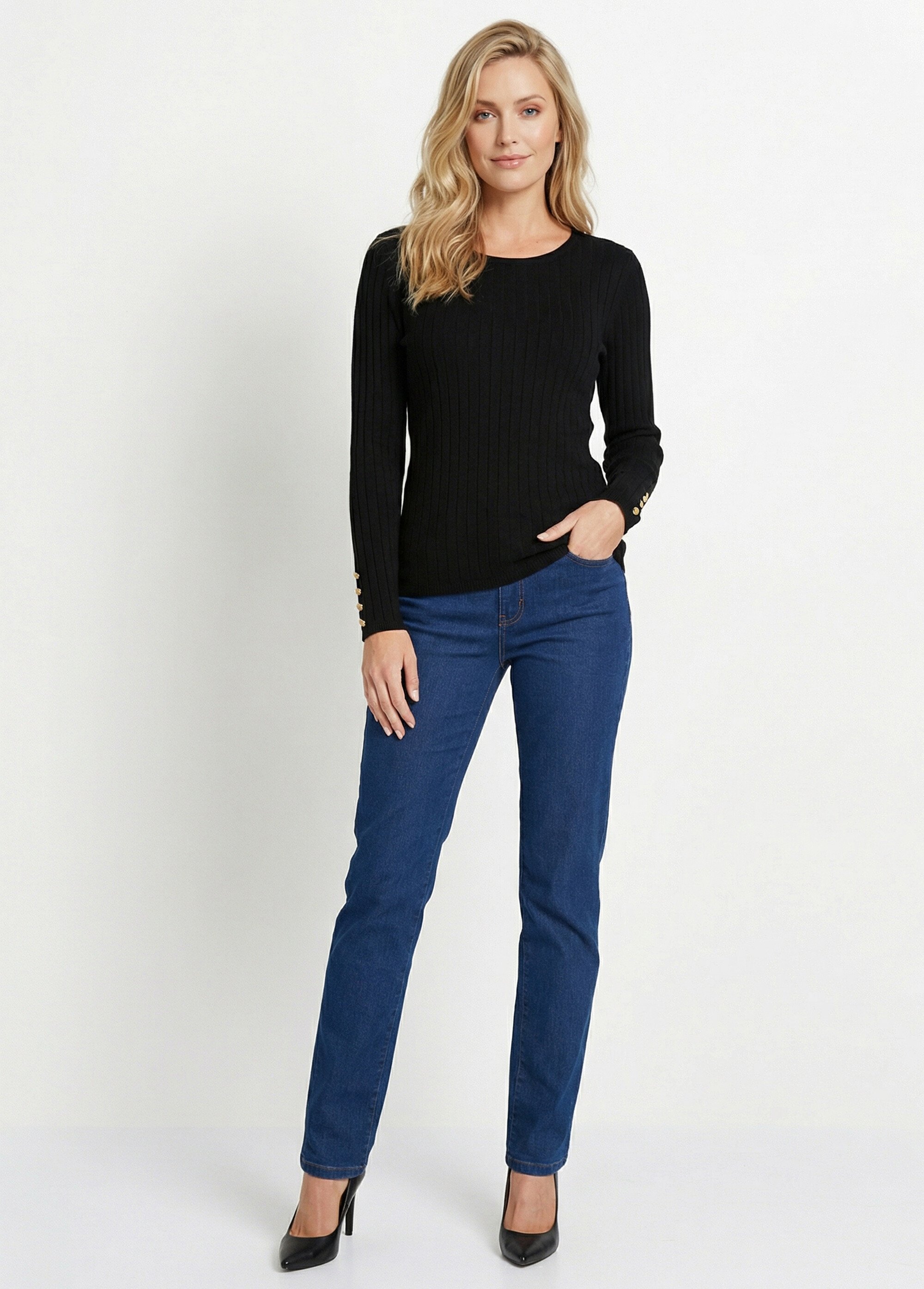 Pull doux côtelé court col rond côtes plates Femme Noir PALLUD SI1