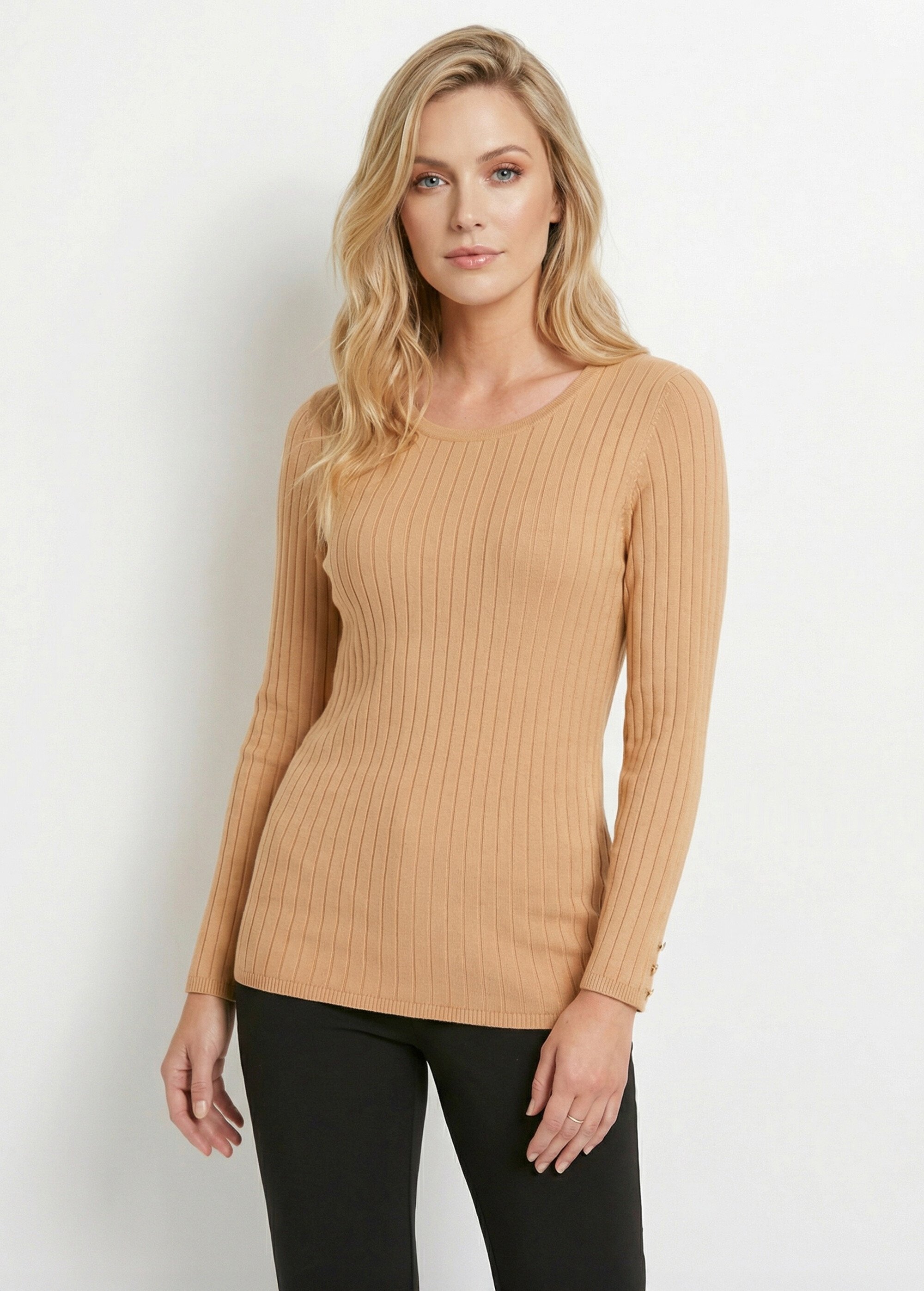 Pull doux côtelé court col rond côtes plates Femme Marron PALLUD FA1