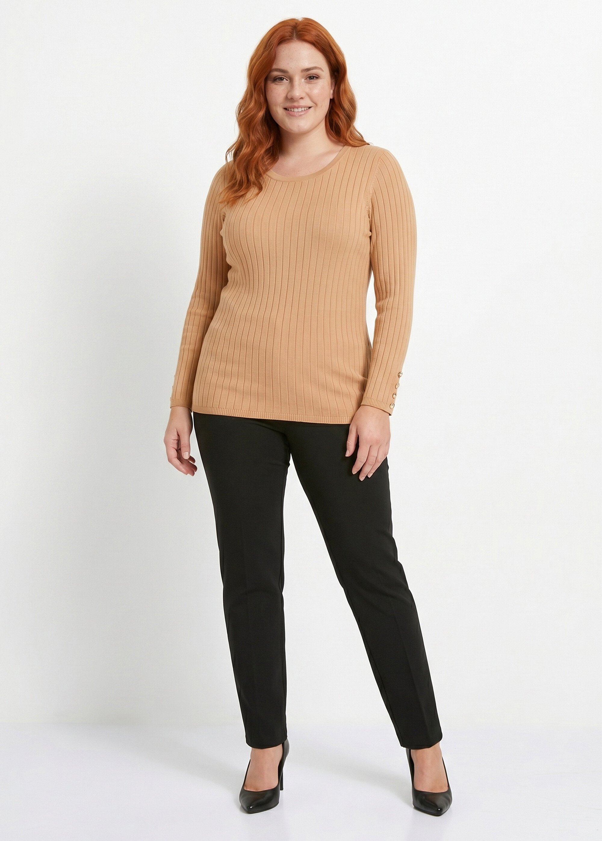 Pull doux côtelé court col rond côtes plates Femme Grande Taille Marron PALLUD SI1