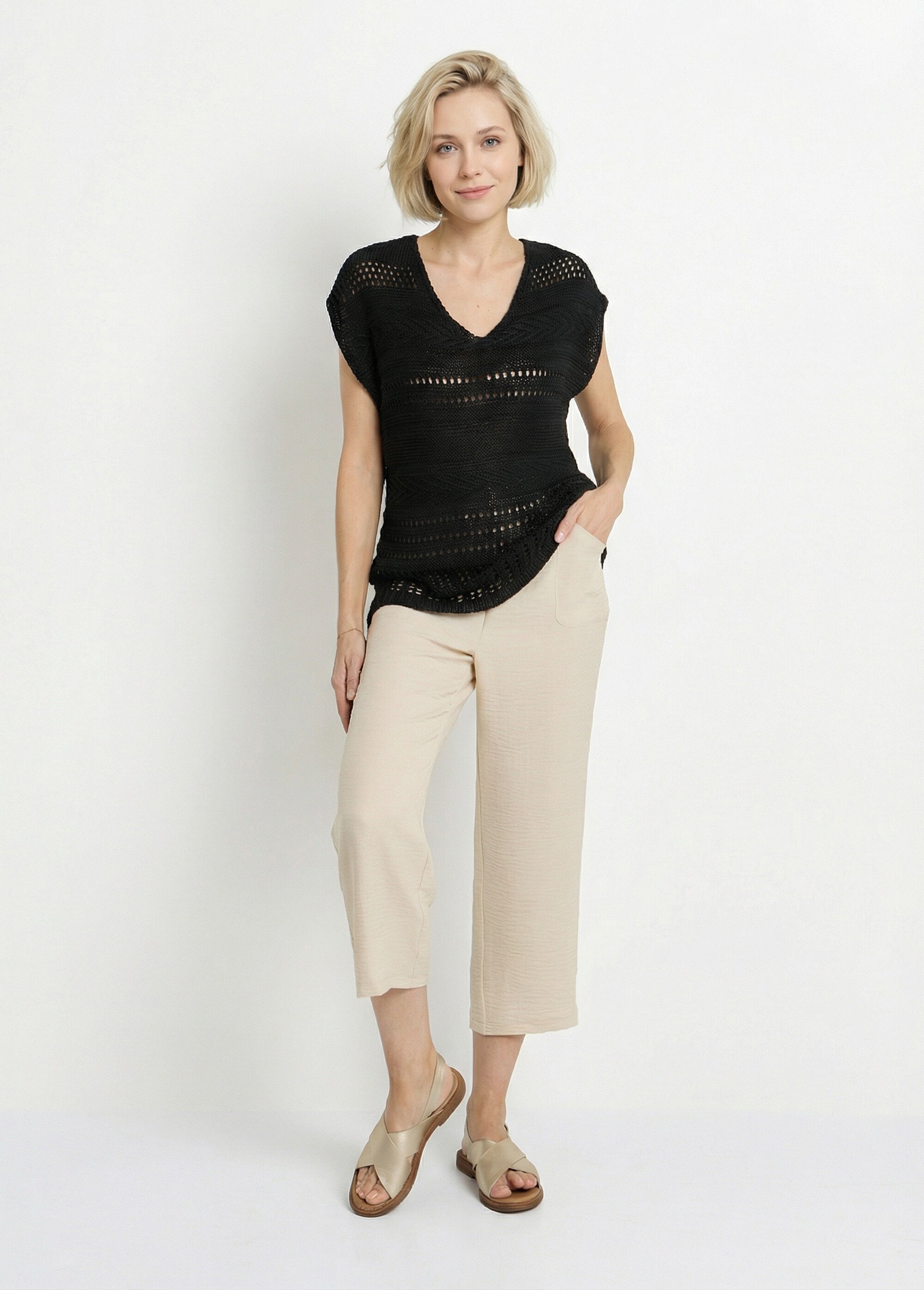 Pull manches courtes grosse maille Femme Noir MANDOLINE SF1