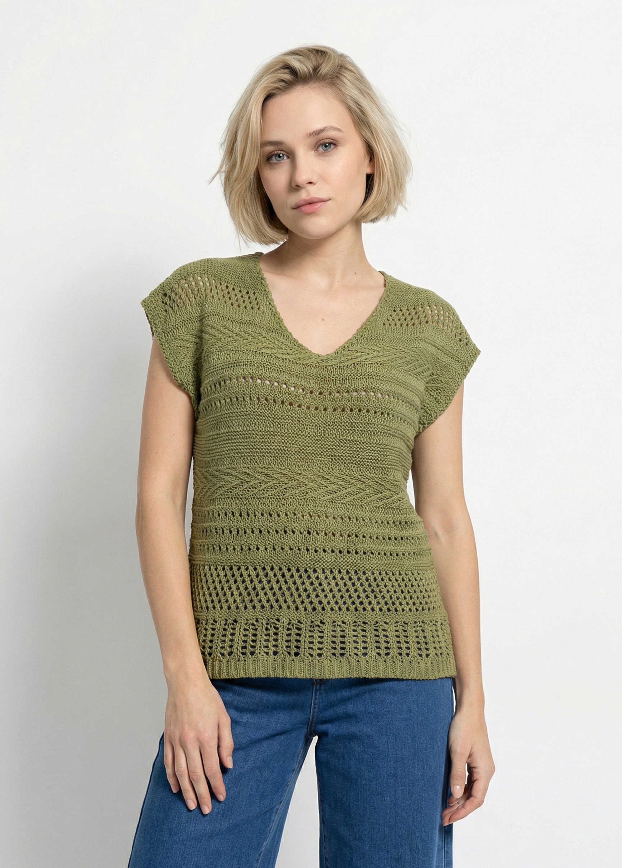 Pull manches courtes grosse maille Femme Vert MANDOLINE FA1