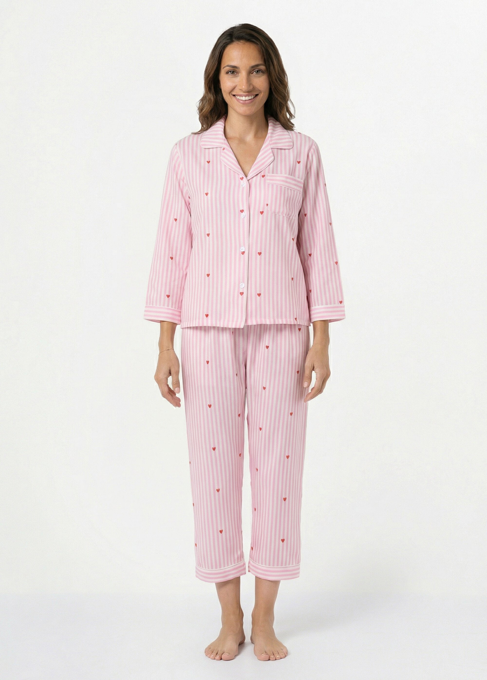 Pyjama 2 pièces rayé avec motif cœurs Femme Rose H-NT195 FA1