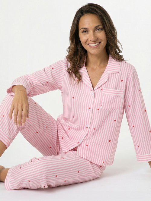 Pyjama 2 pièces rayé avec motif cœurs Femme Rose H-NT195 MV1
