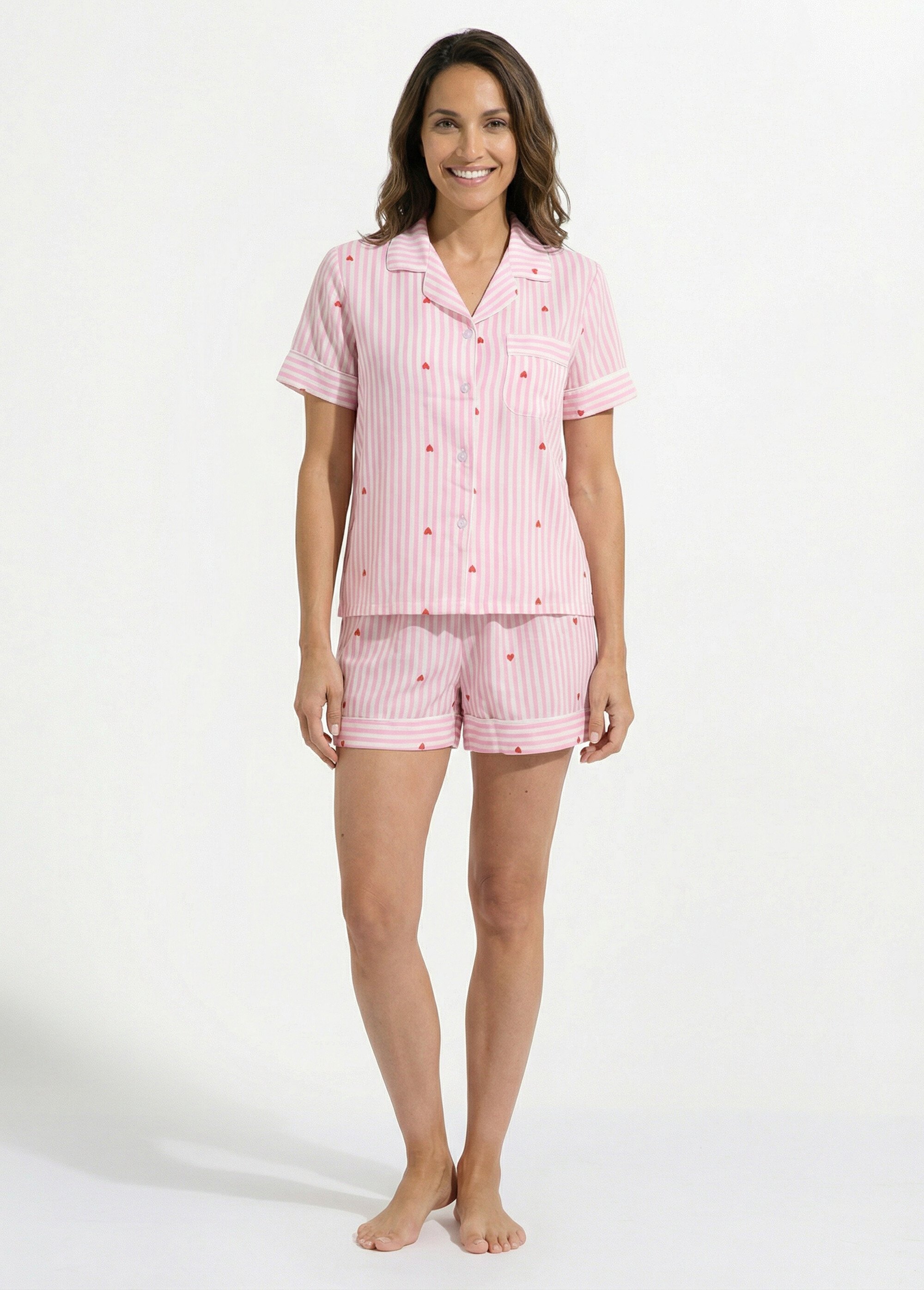 Pyjama short rayé avec motif coeurs Femme Rose H-NT193 FA1