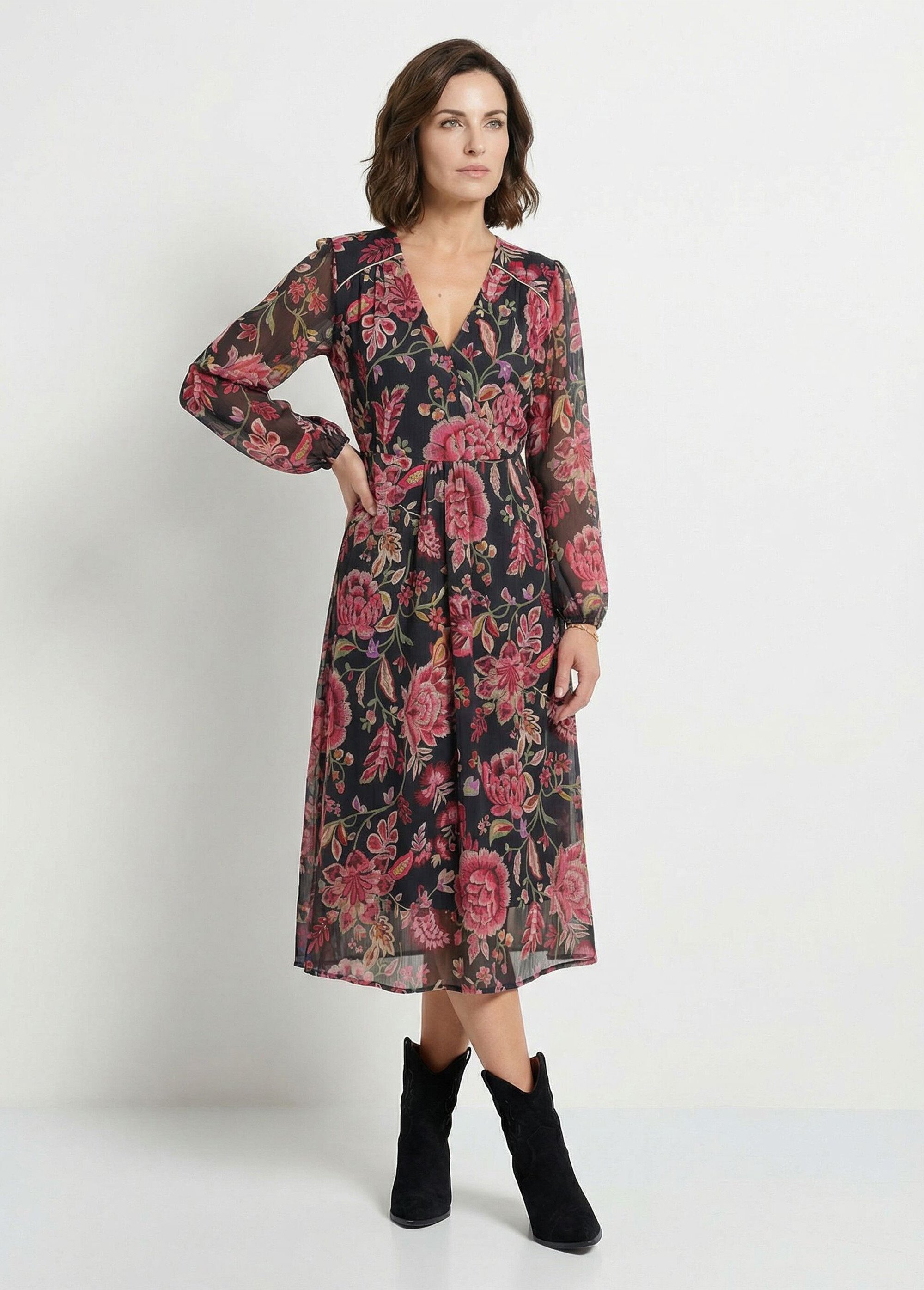 Robe longue cache-coeur volantée voile fleuri Femme Noir EVARIA FA1