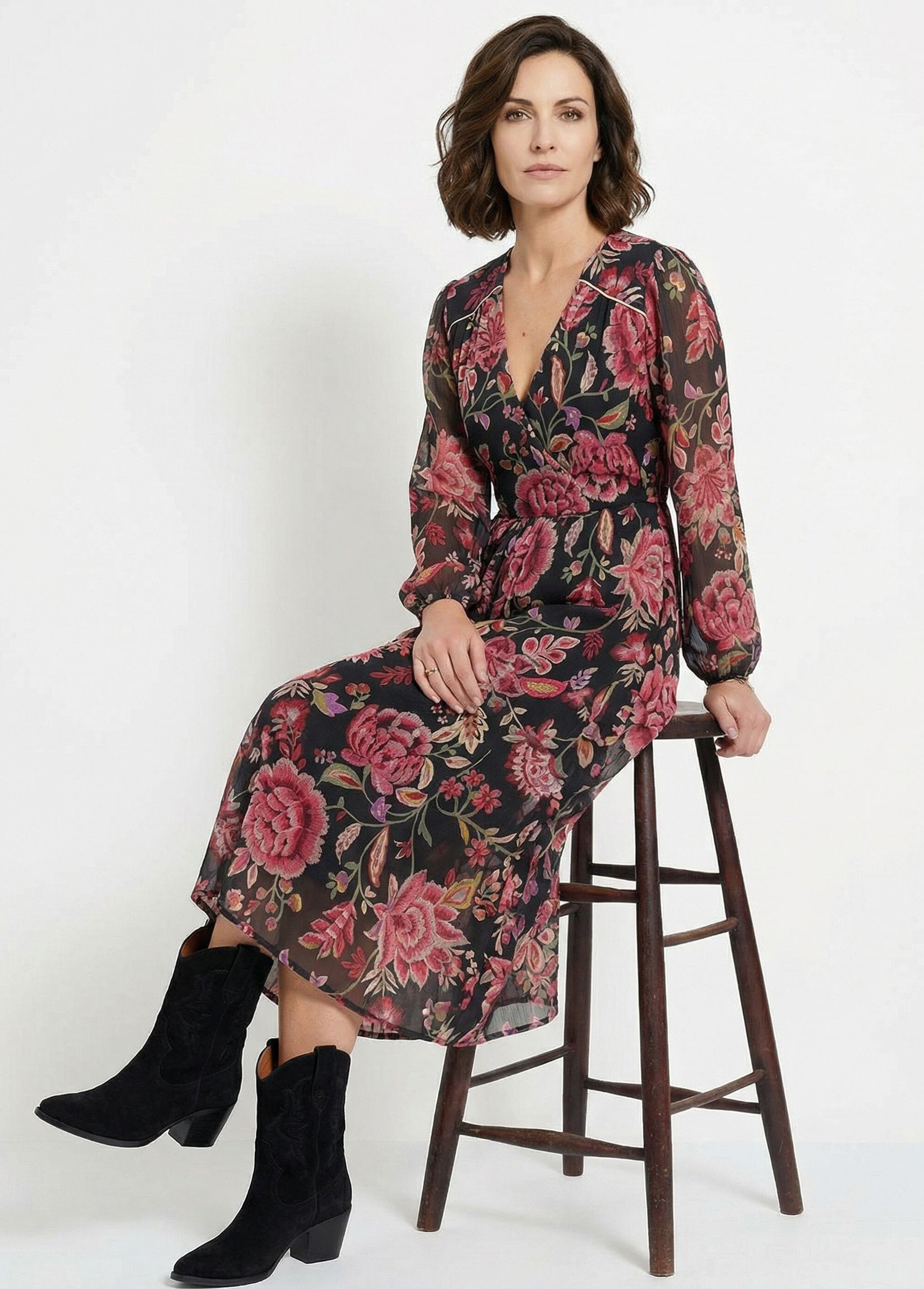 Robe longue cache-coeur volantée voile fleuri Femme Noir EVARIA MV1