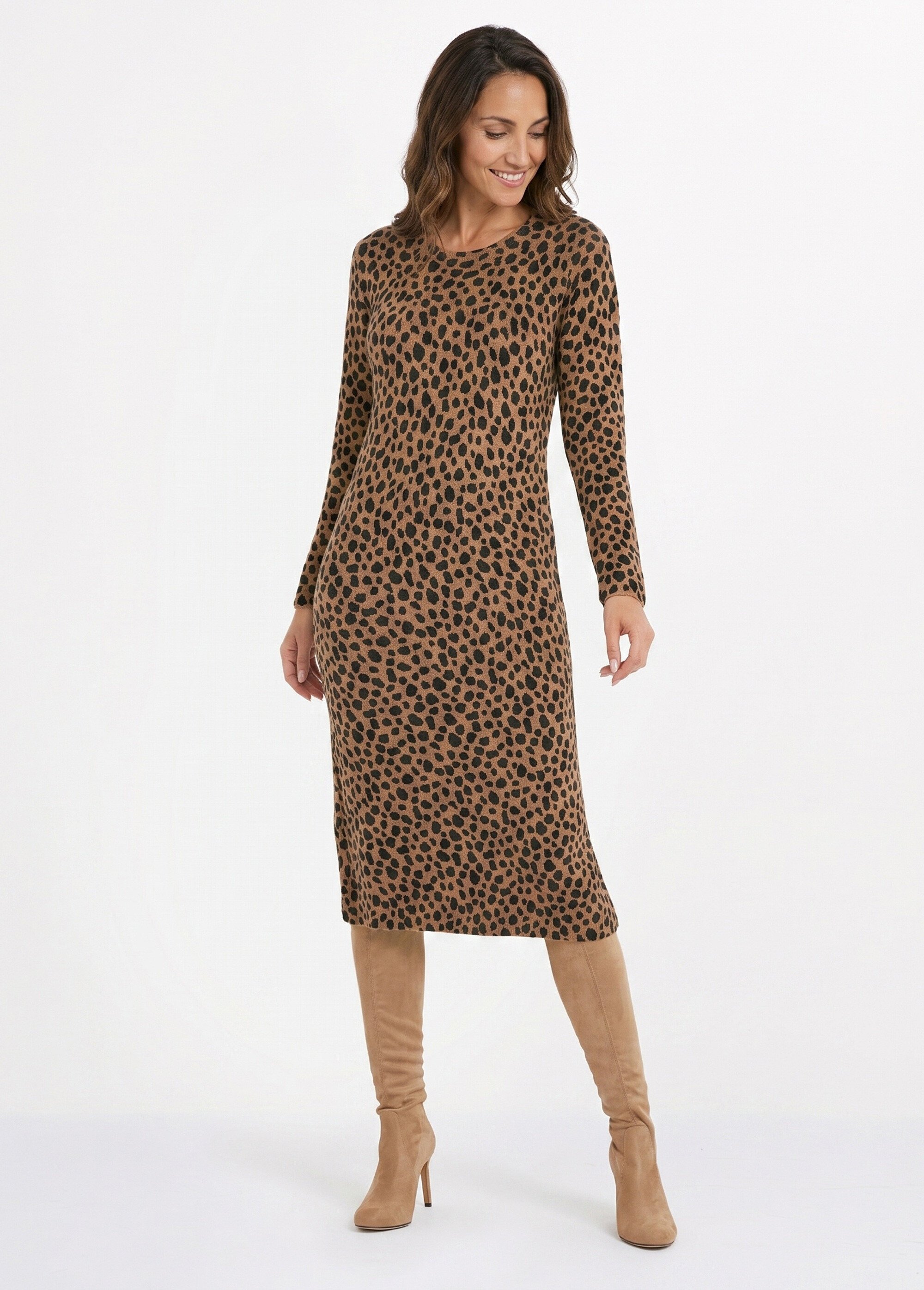 Robe pull chaude courte imprimé léopard Femme Marron HALAGE FA1