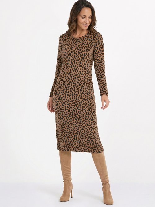 Robe pull chaude courte imprimé léopard Femme Marron HALAGE FA1