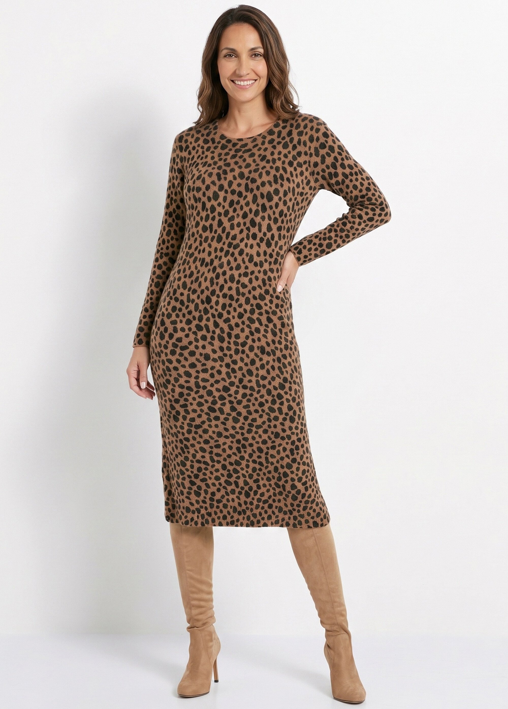 Robe pull chaude courte imprimé léopard Femme Marron HALAGE MV1