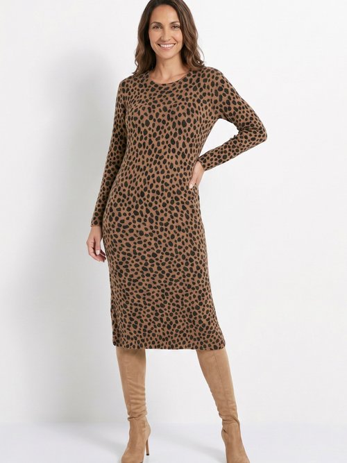 Robe pull chaude courte imprimé léopard Femme Marron HALAGE MV1