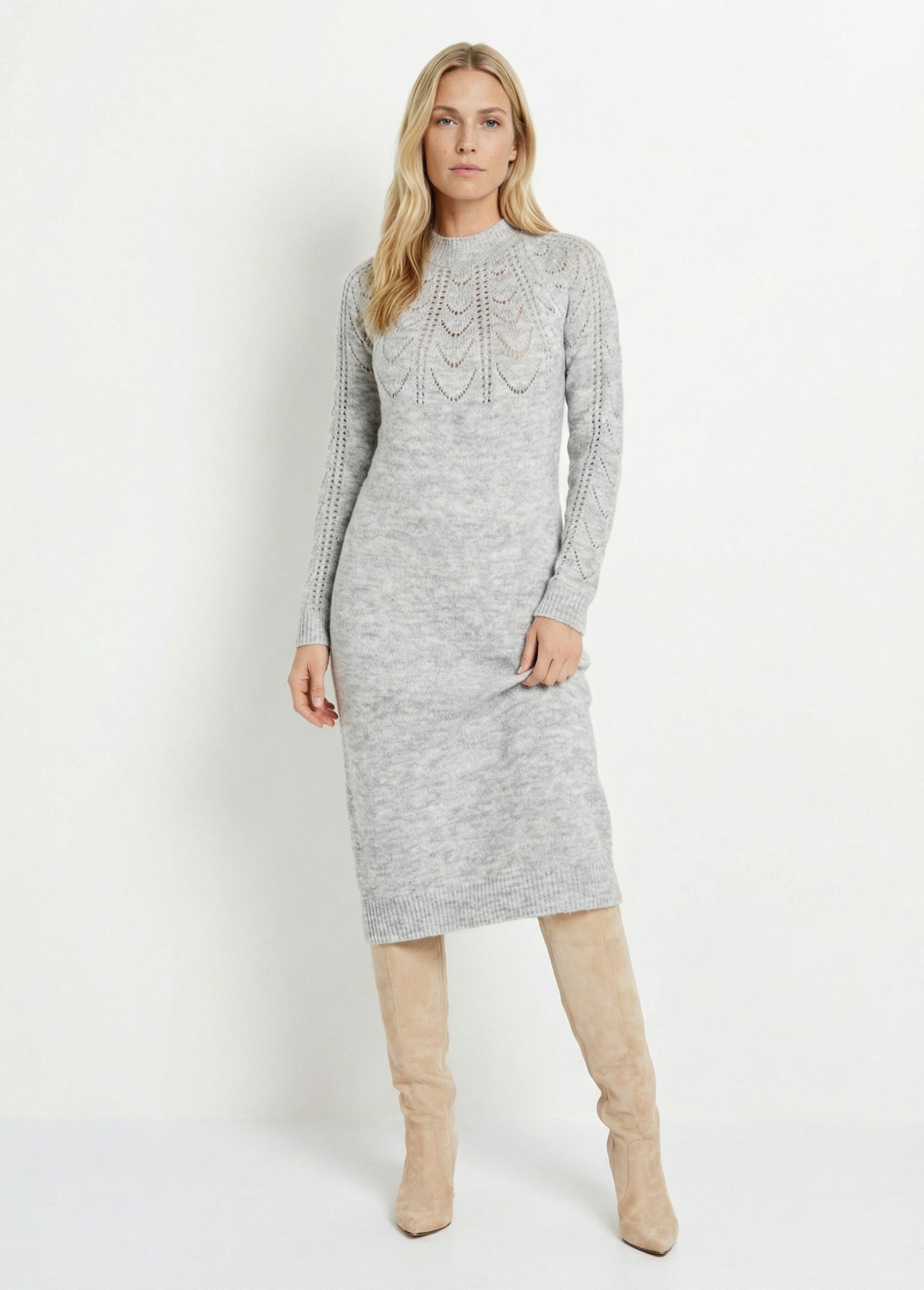 Robe-pull courte tricot ajouré col rond Femme Gris HERODE FA1