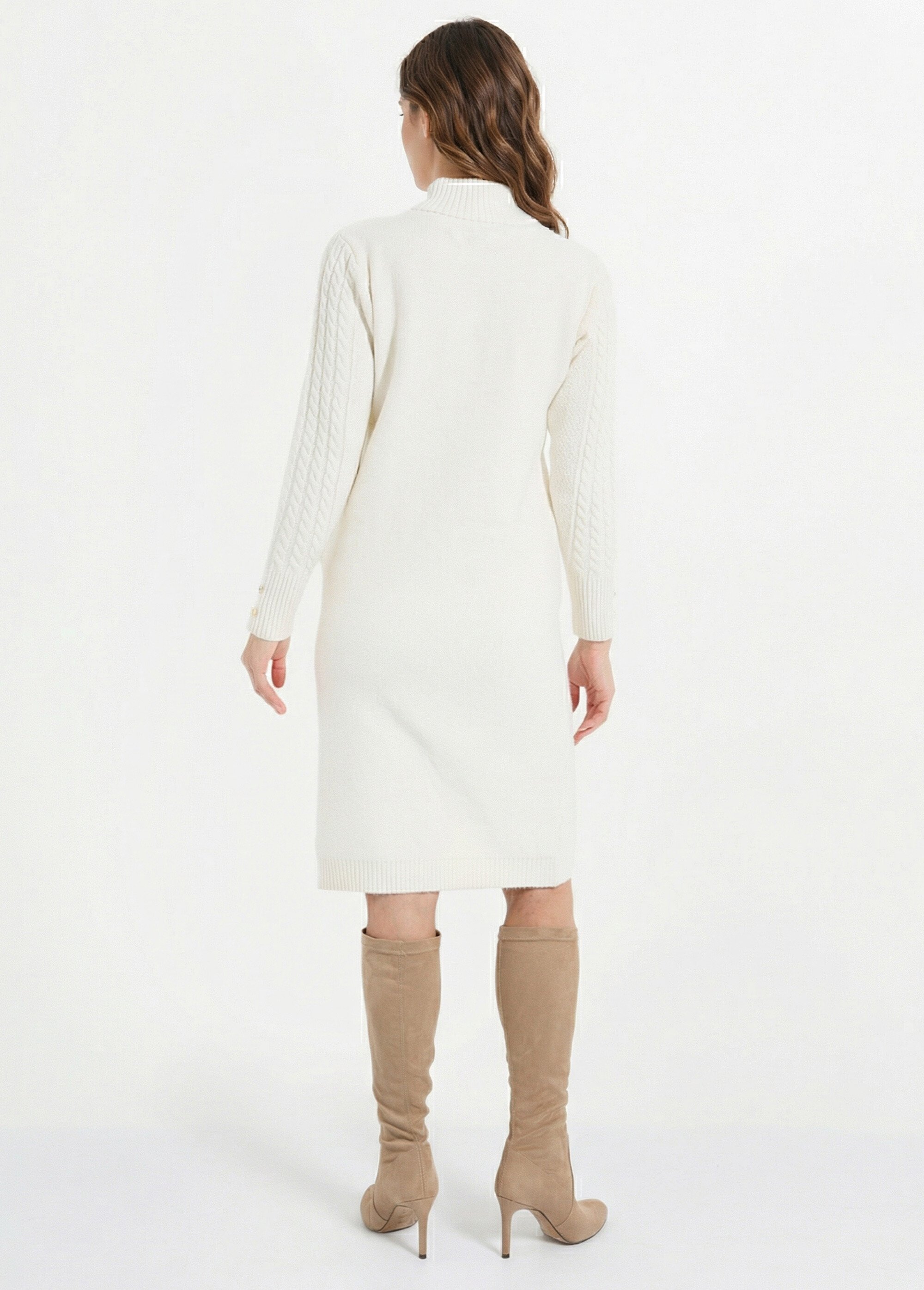 Robe-pull courte tricot uni col rond Femme Beige HECATE DO1