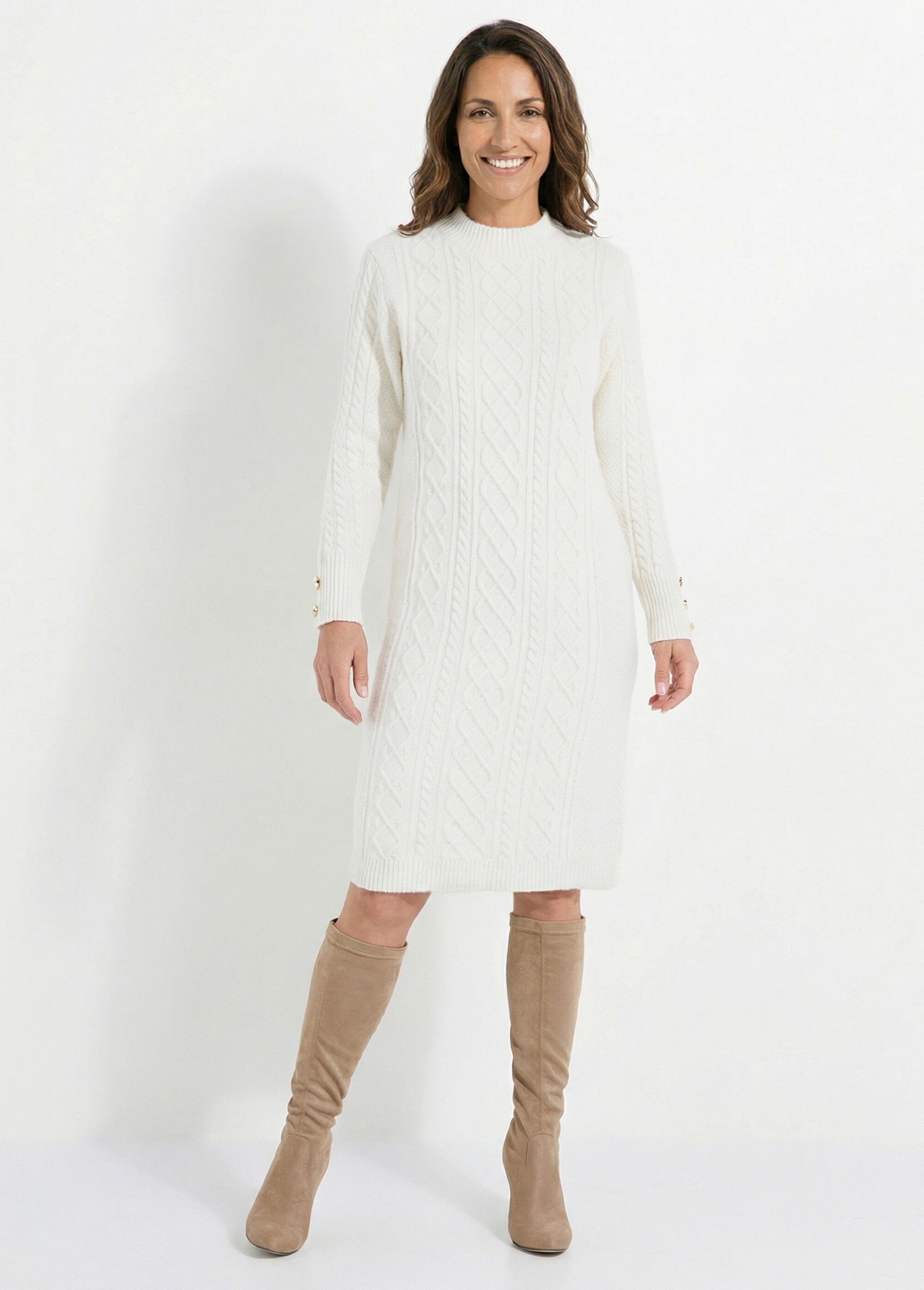 Robe-pull courte tricot uni col rond Femme Beige HECATE FA1