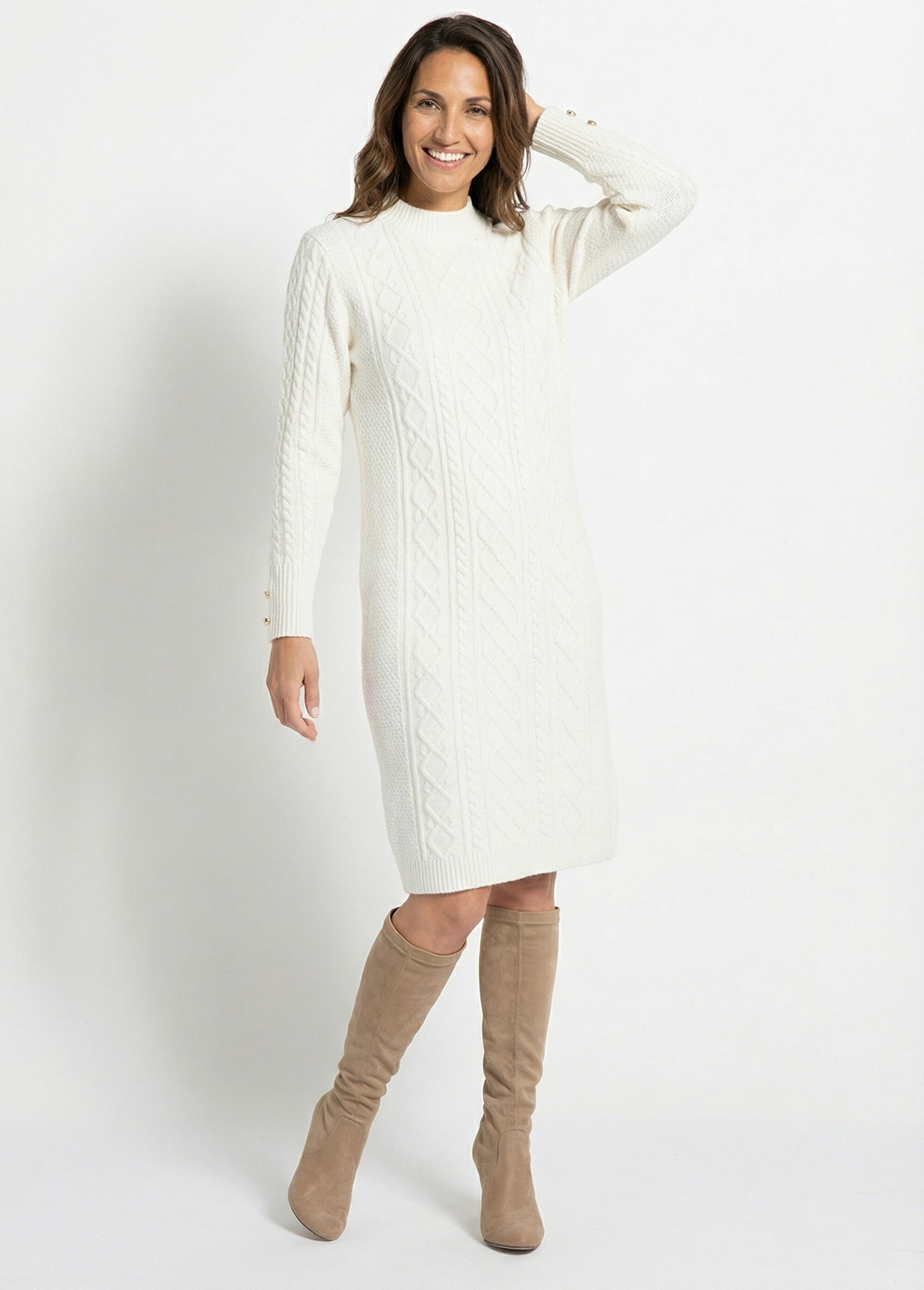 Robe-pull courte tricot uni col rond Femme Beige HECATE MV1