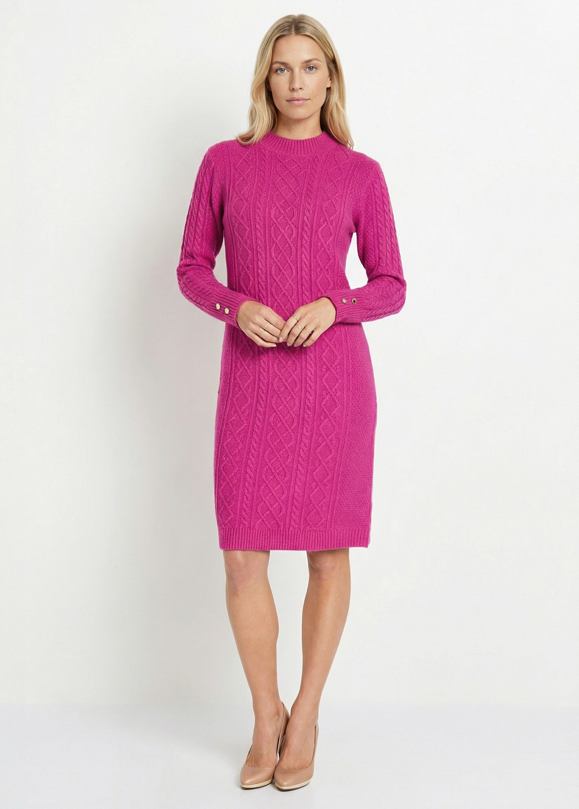Robe-pull courte tricot uni col rond Femme Rose HECATE FA1