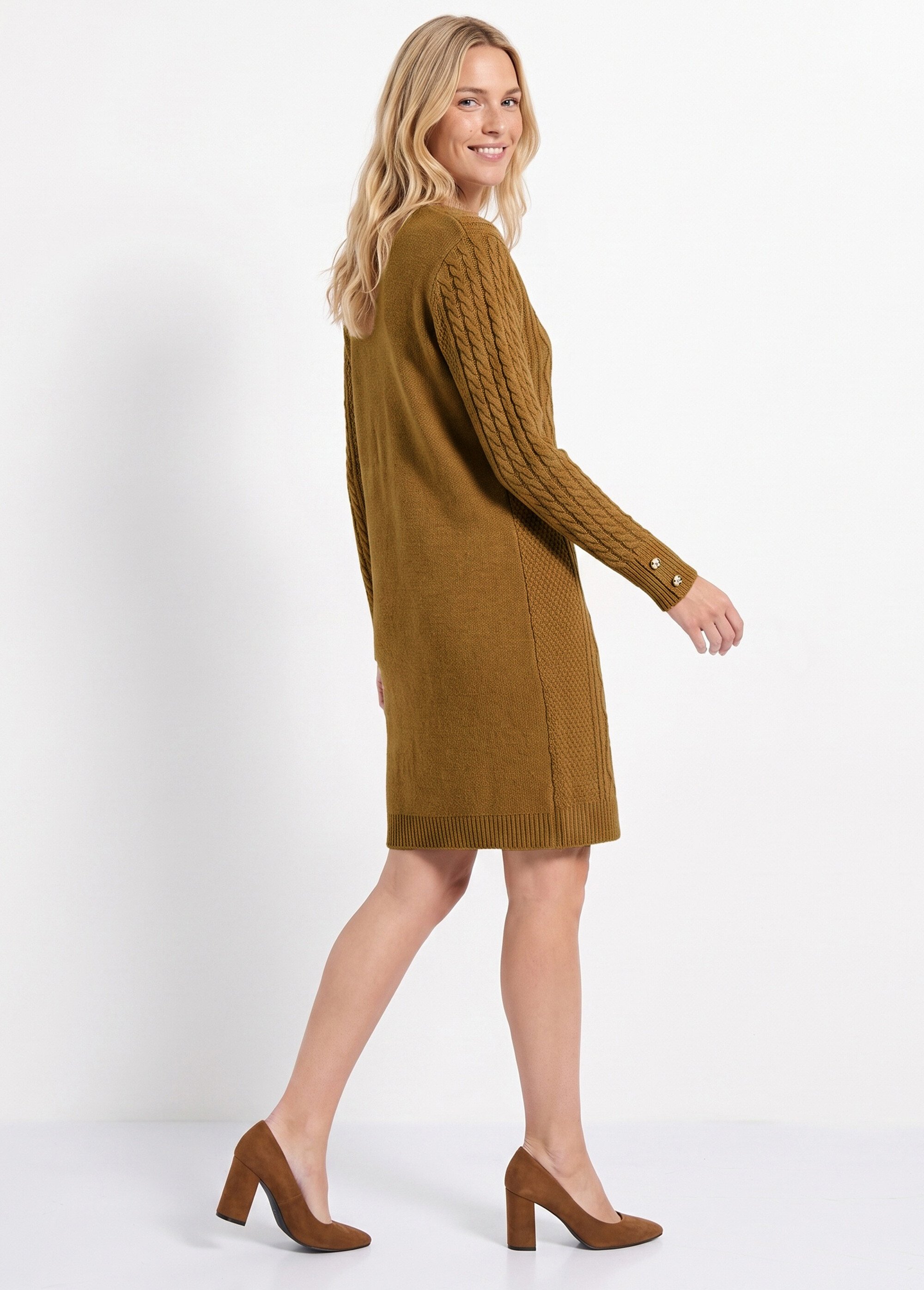 Robe-pull courte tricot uni col rond Femme Marron HECATE DO1
