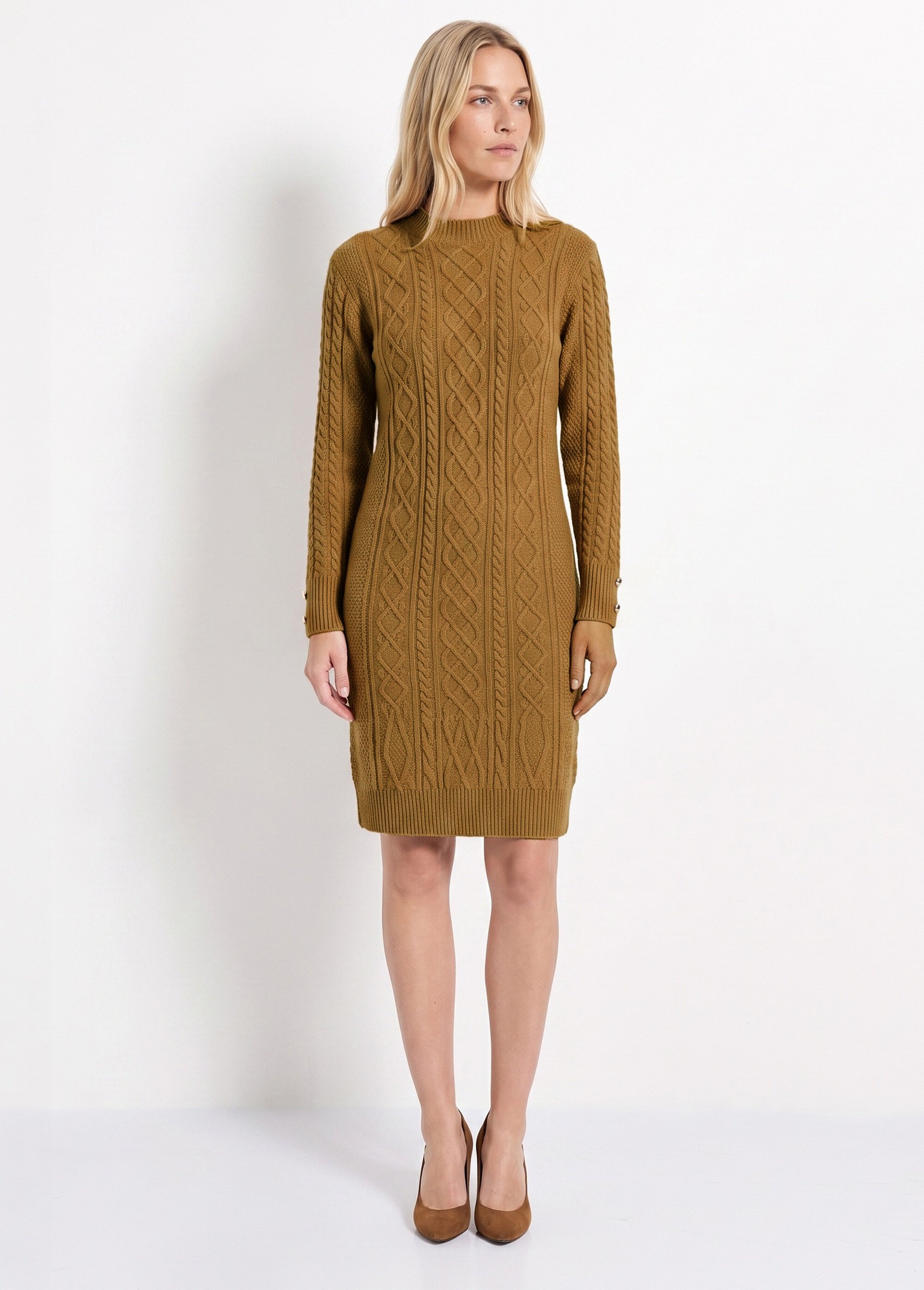 Robe-pull courte tricot uni col rond Femme Marron HECATE FA1
