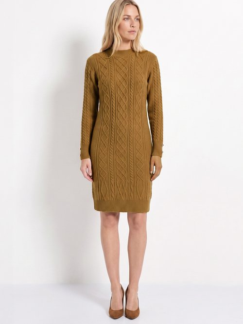Robe-pull courte tricot uni col rond Femme Marron HECATE FA1