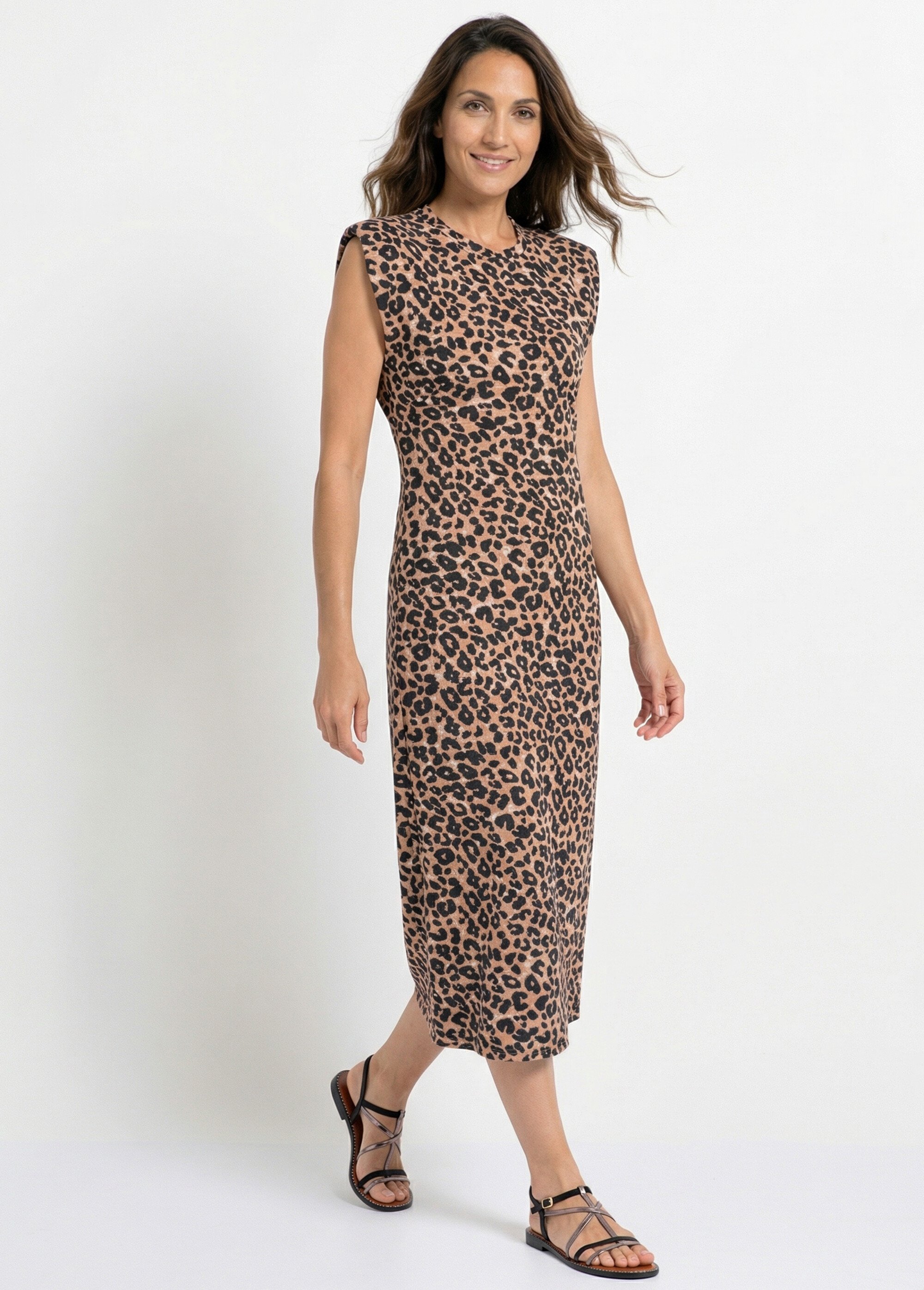 Robe T-shirt longue léopard col rond