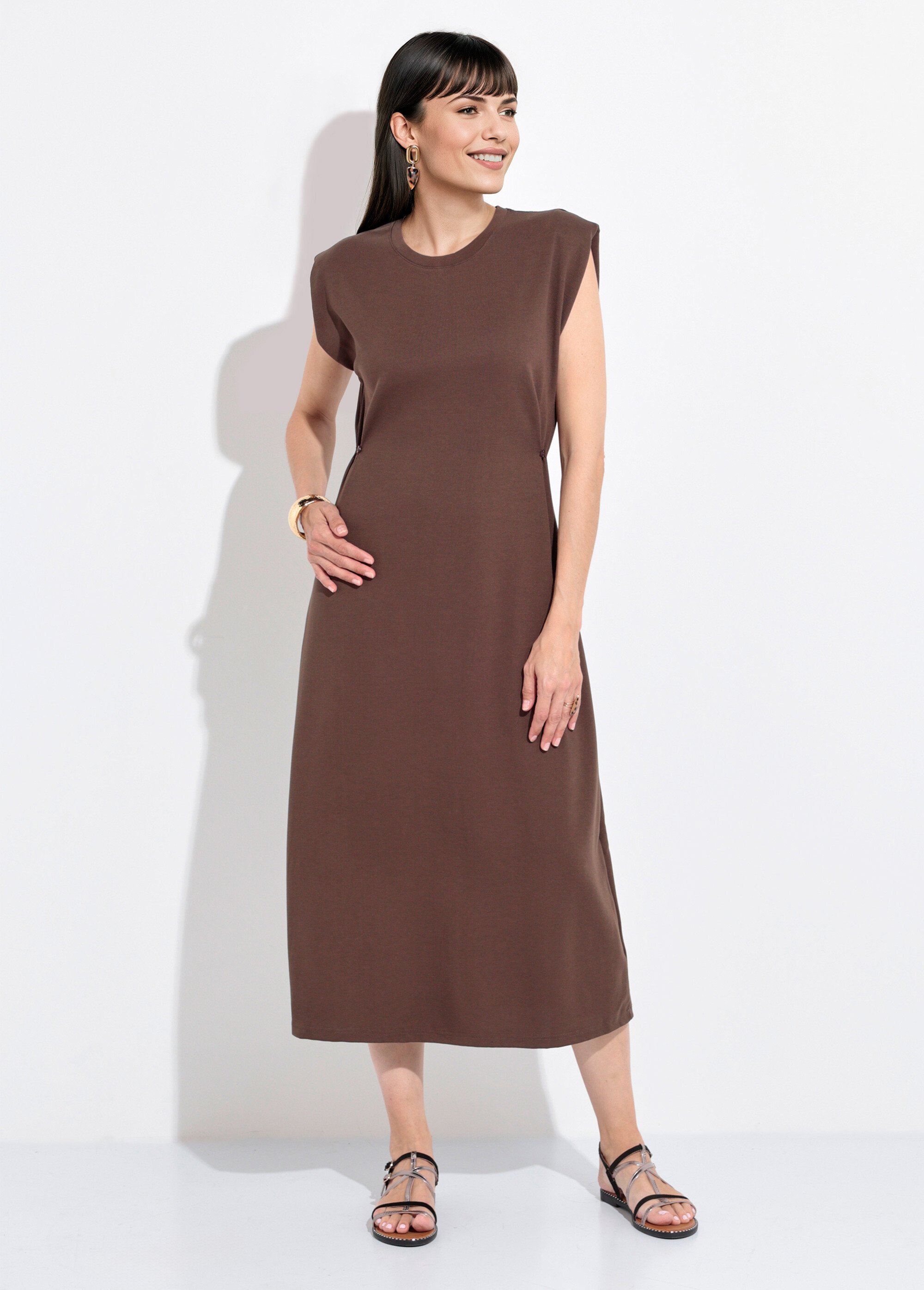 Robe T-shirt longue unie col rond Femme Marron JB-A1650 FA1