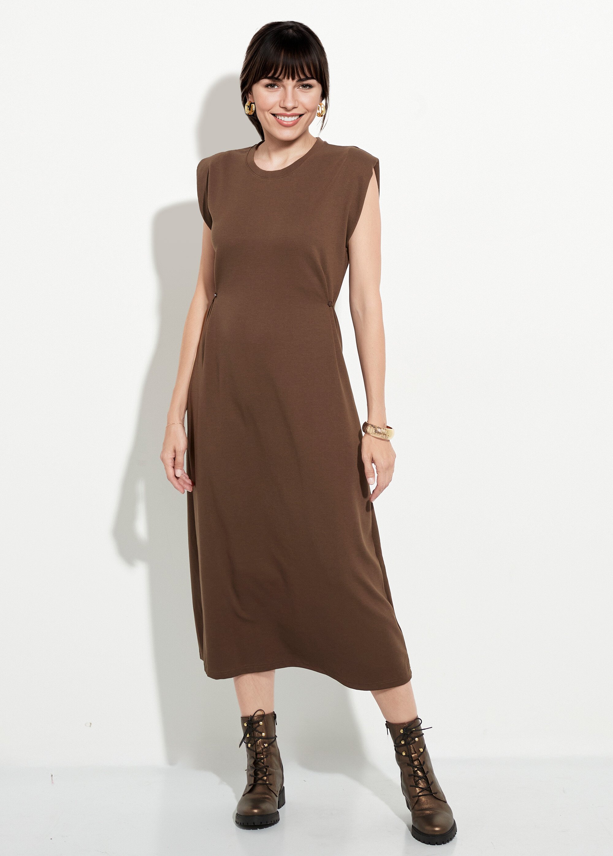 Robe T-shirt longue unie col rond Femme Marron JB-A1650 FA1