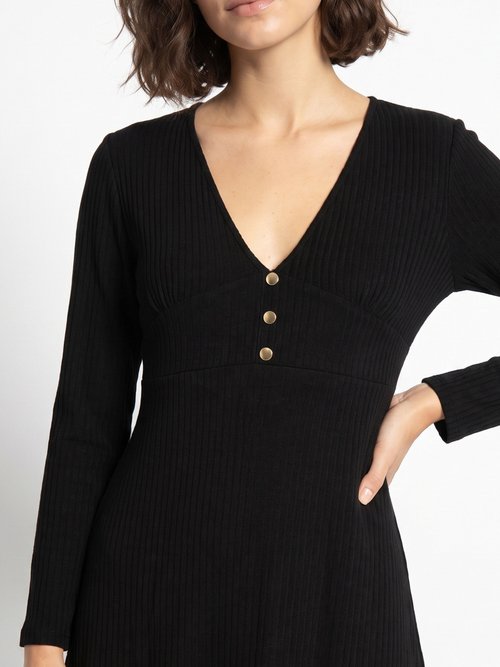 Robe unie courte col V en maille côtelée Femme Noir HARPE DE1