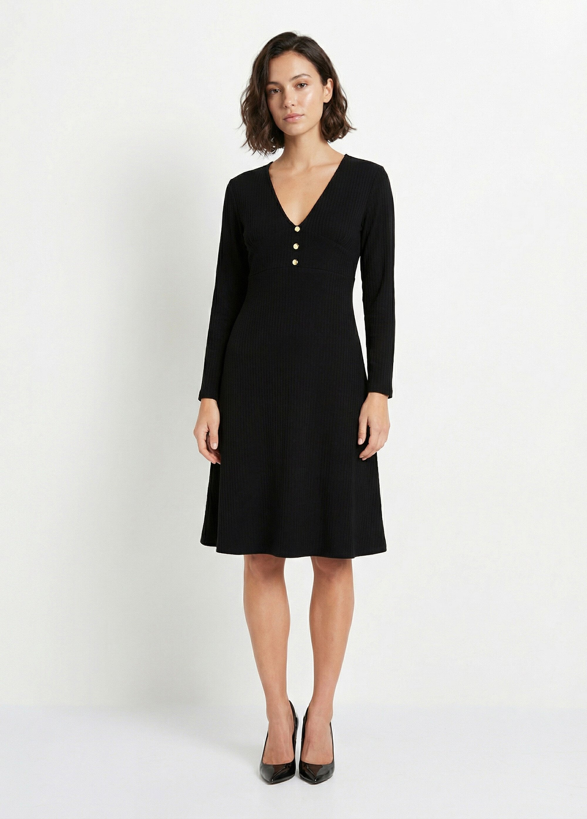 Robe unie courte col V en maille côtelée Femme Noir HARPE FA1