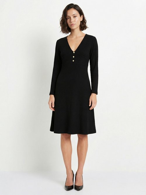 Robe unie courte col V en maille côtelée Femme Noir HARPE FA1