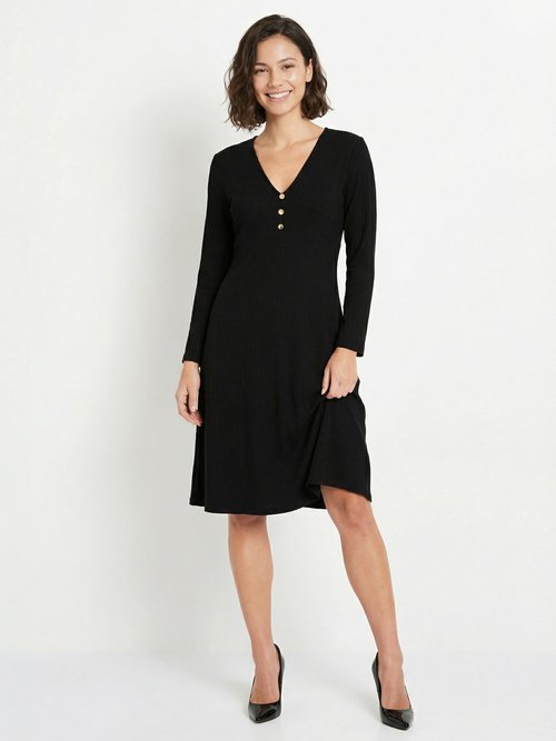 Robe unie courte col V en maille côtelée Femme Noir HARPE MV1