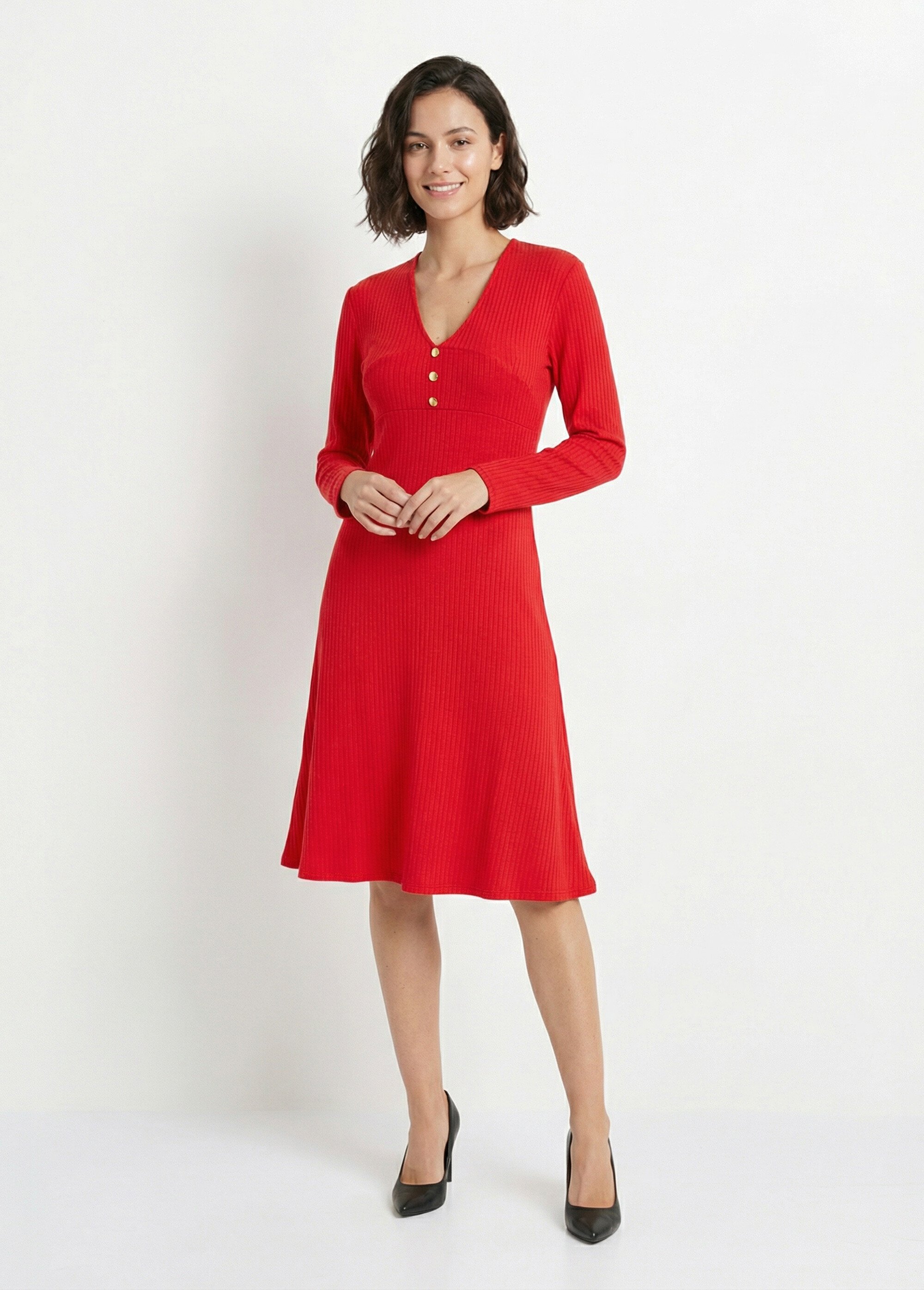 Robe unie courte col V en maille côtelée Femme Rouge HARPE FA1