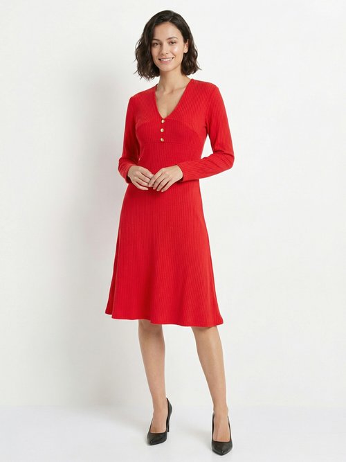 Robe unie courte col V en maille côtelée Femme Rouge HARPE FA1