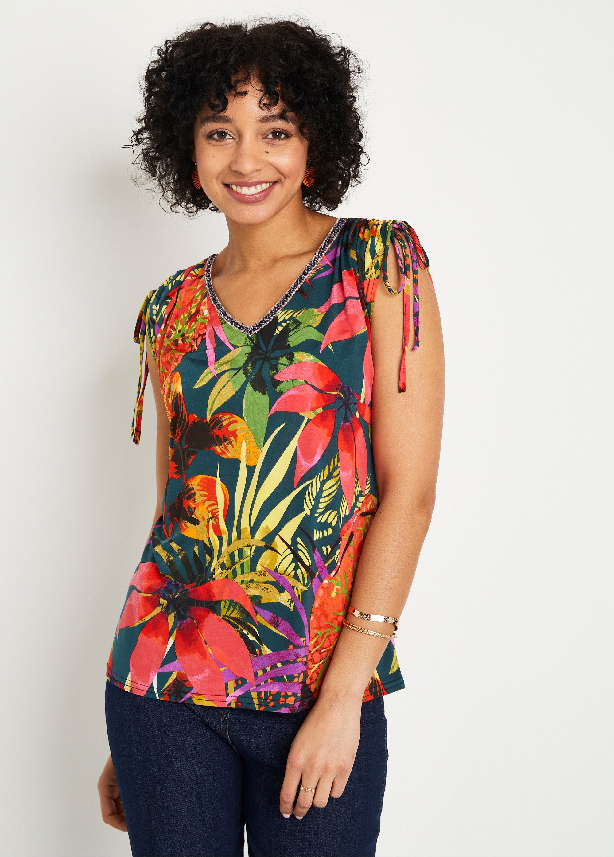T-shirt motif exotique nouettes épaules Femme Rouge CREDA FA4