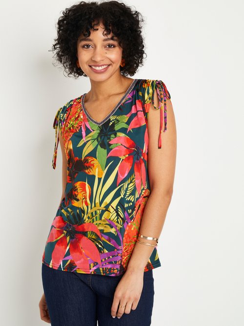 T-shirt motif exotique nouettes épaules Femme Rouge CREDA FA4