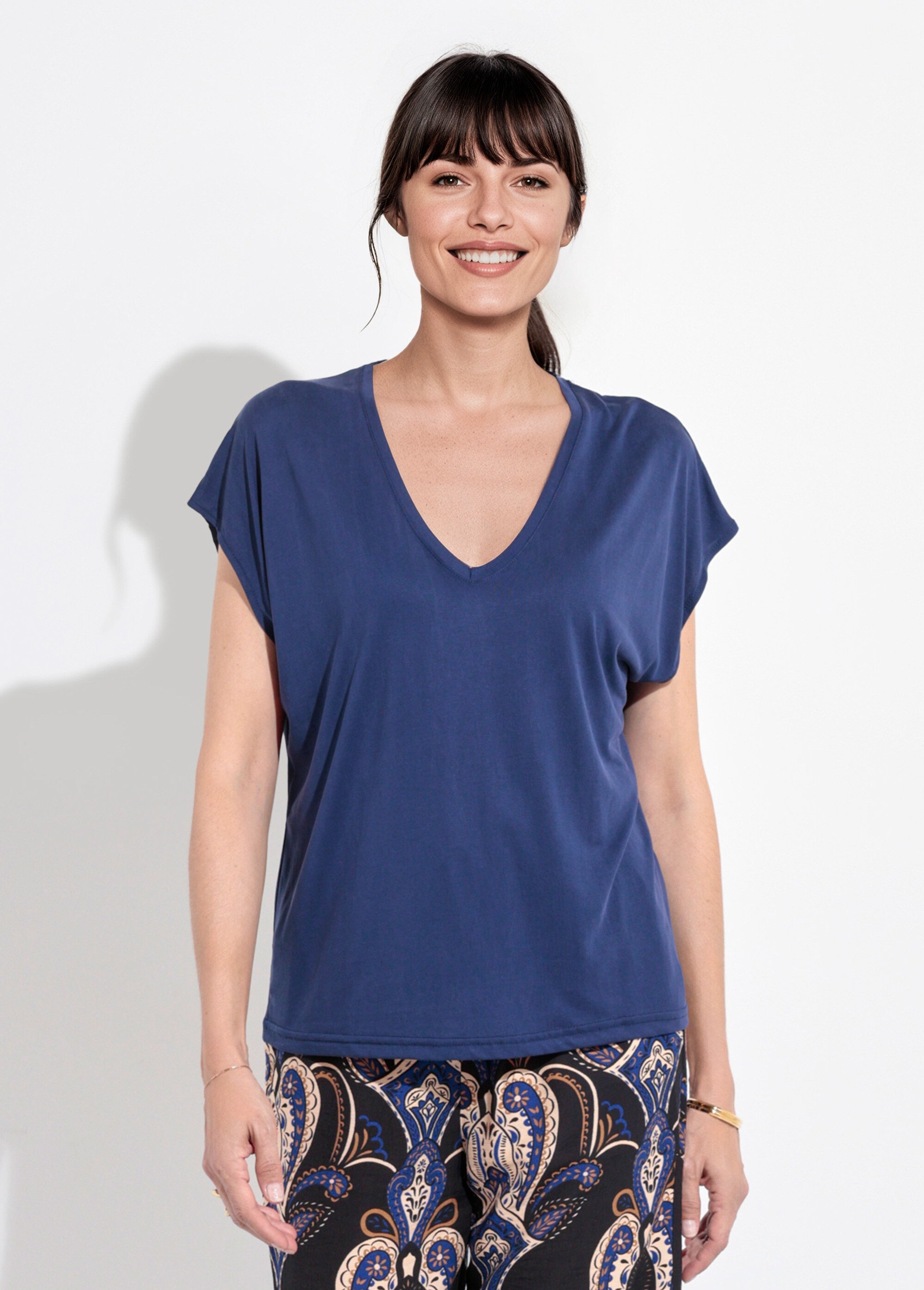 T-shirt fluide manches courtes porté loose Femme Bleu EE-N2401 FA1