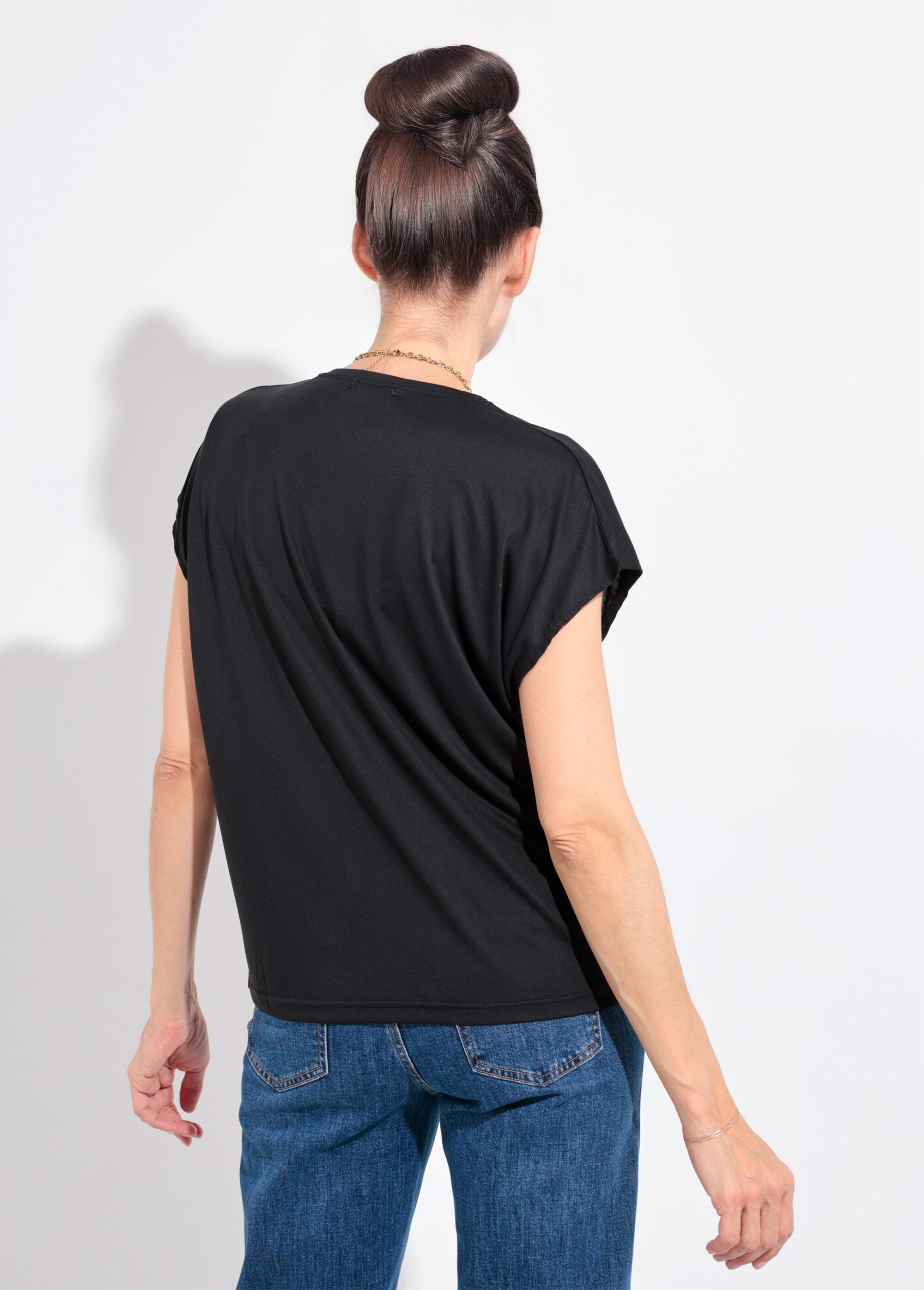 T-shirt fluide manches courtes porté loose Femme Noir EE-N2401 DO1