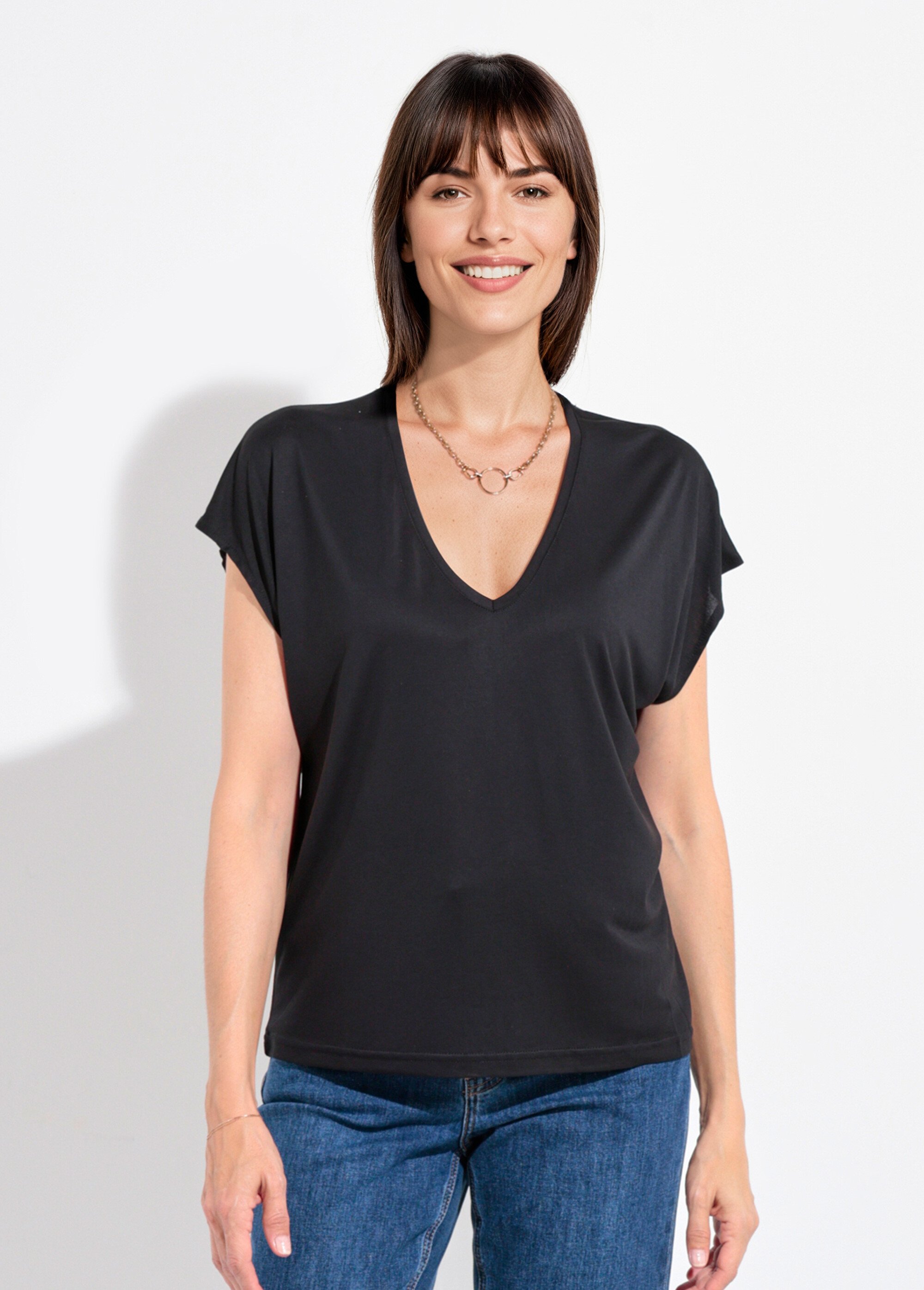 T-shirt fluide manches courtes porté loose Femme Noir EE-N2401 FA1