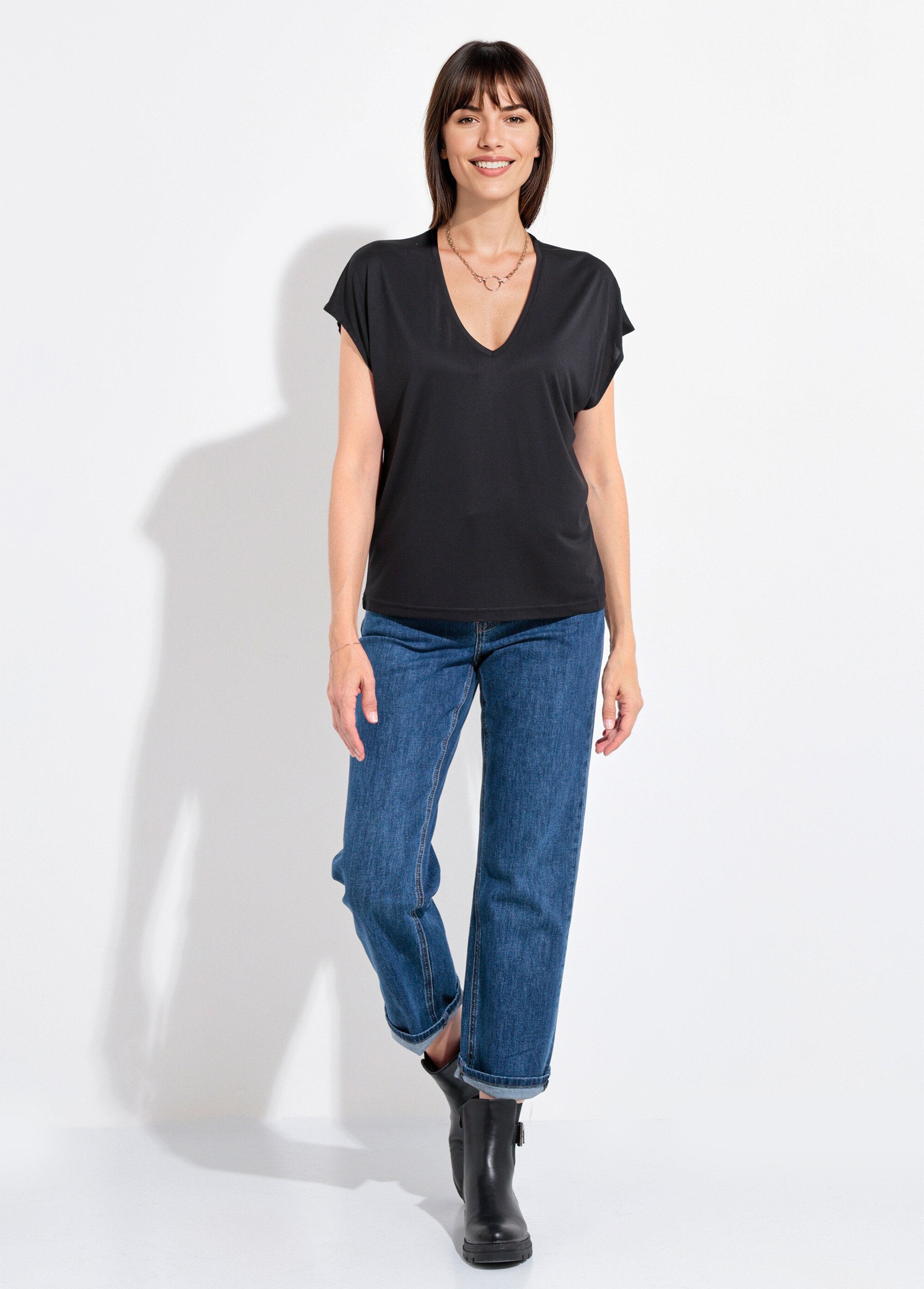 T-shirt fluide manches courtes porté loose Femme Noir EE-N2401 SF1