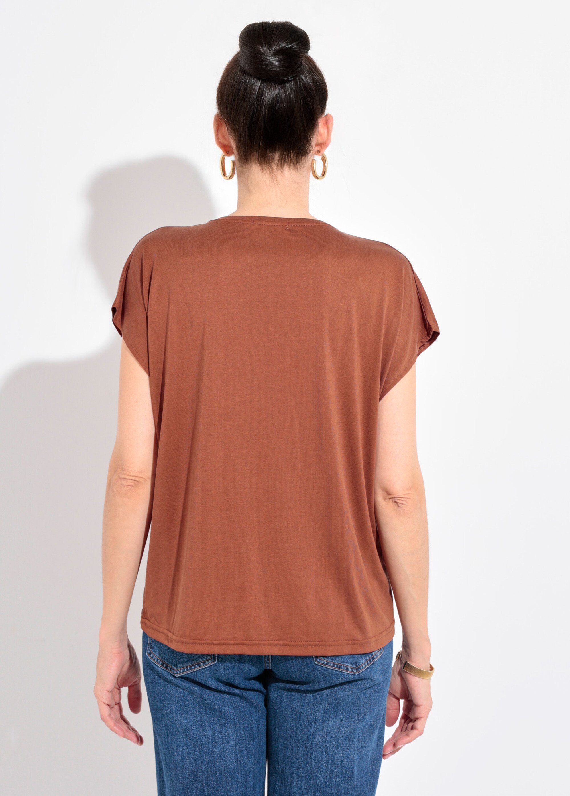 T-shirt fluide manches courtes porté loose Femme Marron EE-N2401 DO1