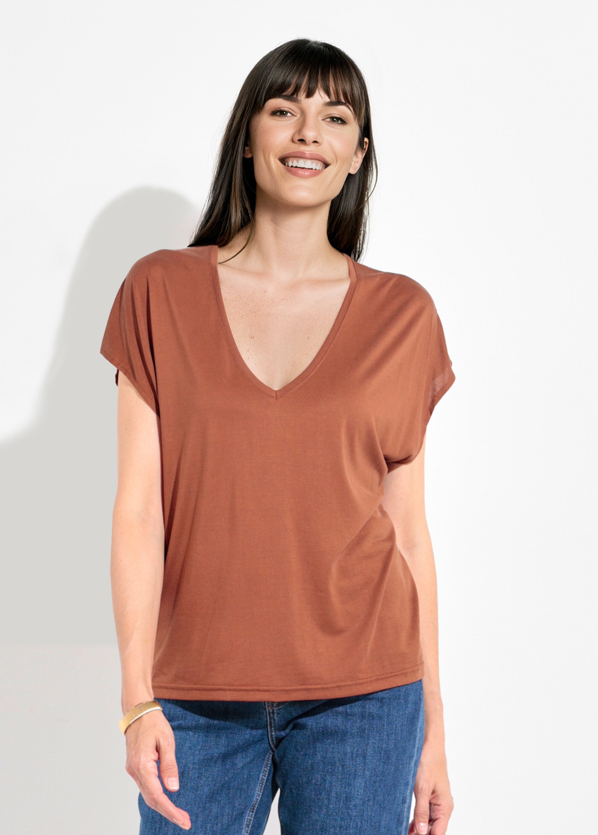 T-shirt fluide manches courtes porté loose Femme Marron EE-N2401 FA1
