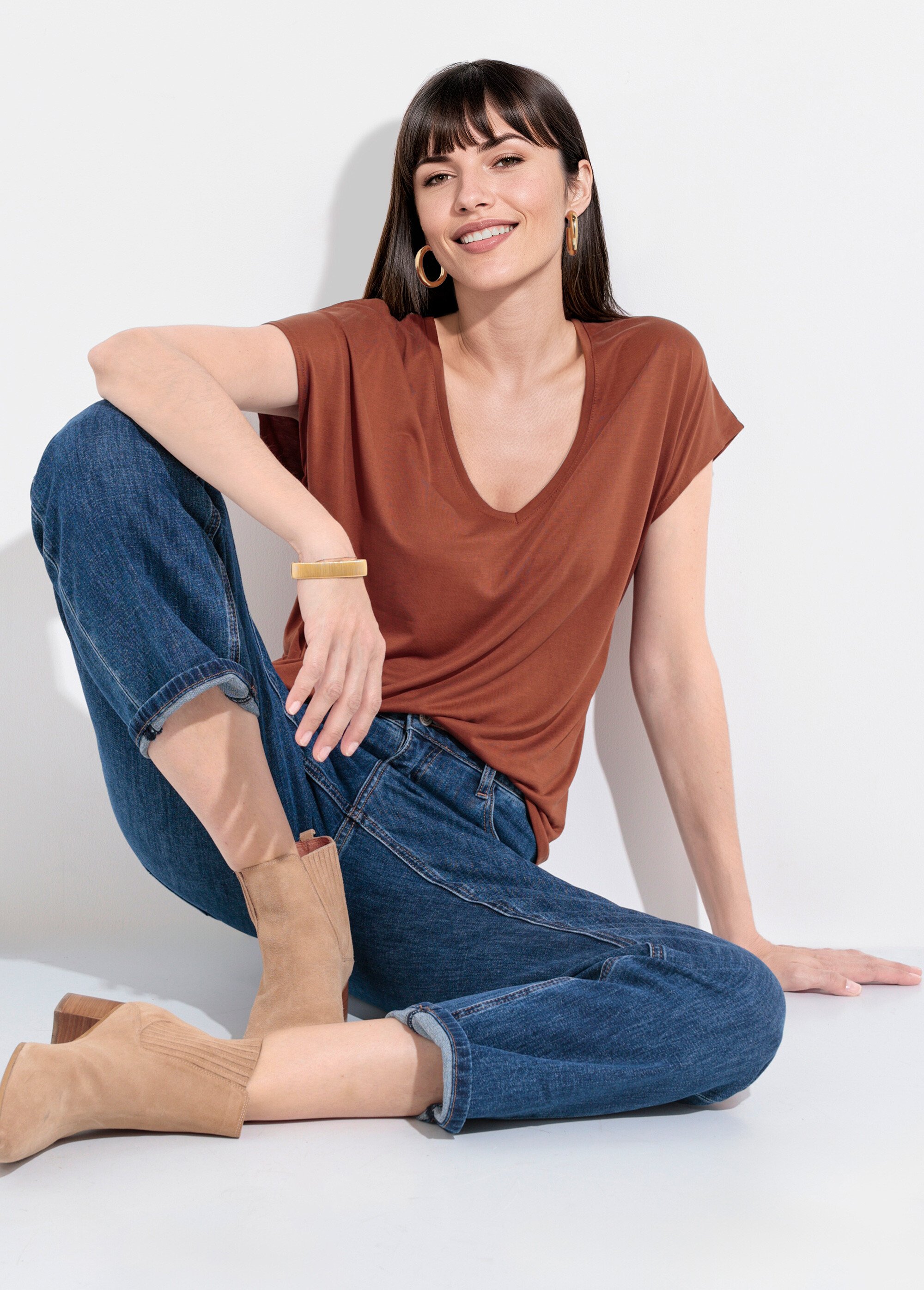 T-shirt fluide manches courtes porté loose Femme Marron EE-N2401 MV1