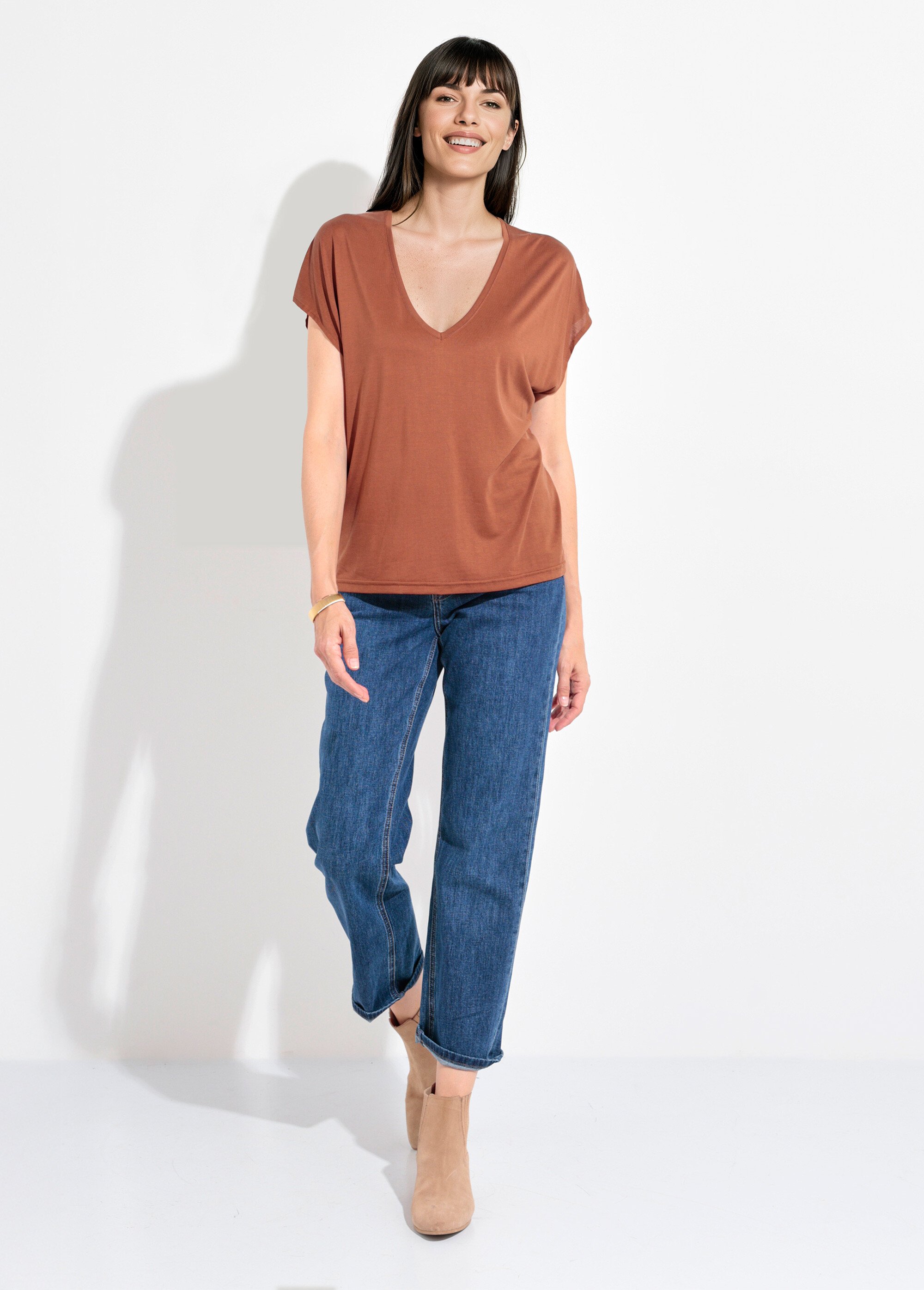 T-shirt fluide manches courtes porté loose Femme Marron EE-N2401 SF1