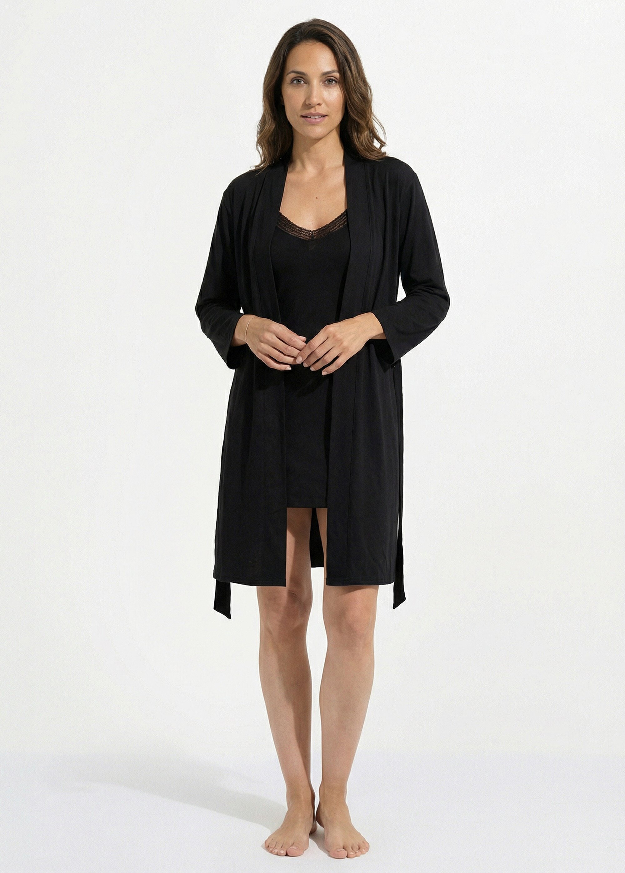 Ensemble Nuisette + peignoir Femme Noir H-NT180 FA1