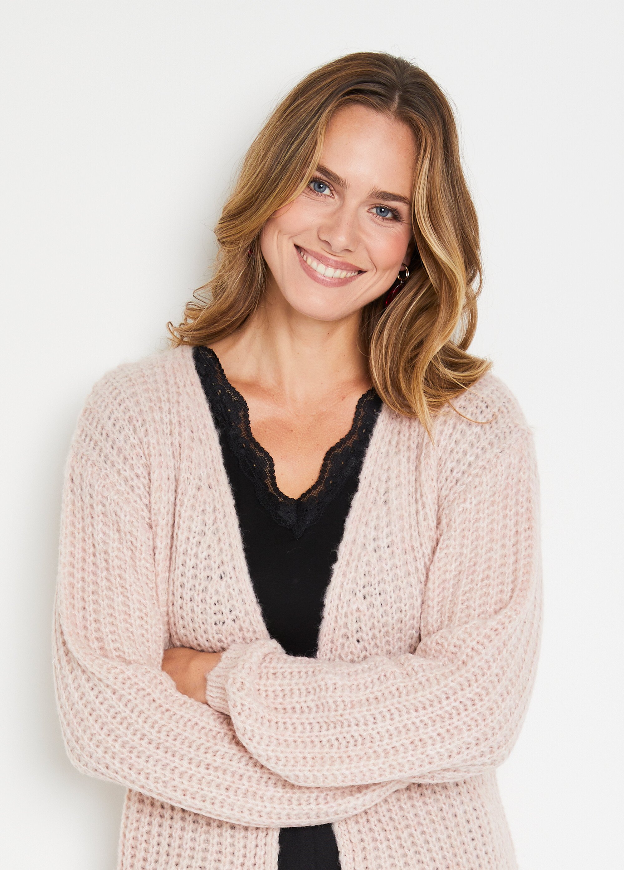 Gilet long uni bord à bord grosse maille Beige Afibel