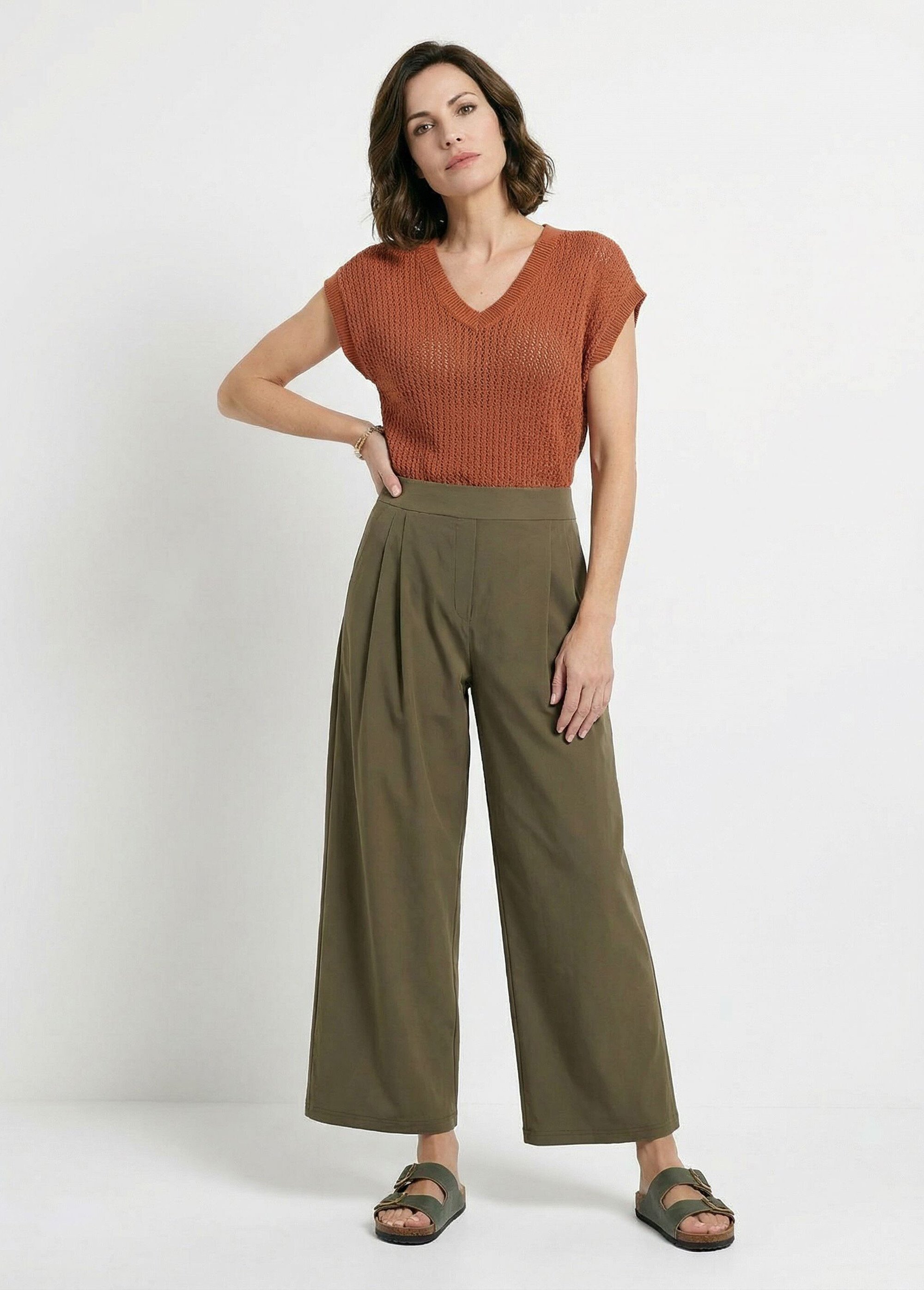 Pantalon droit à pinces ceinture élastiquée Femme Vert NOUMA MV1