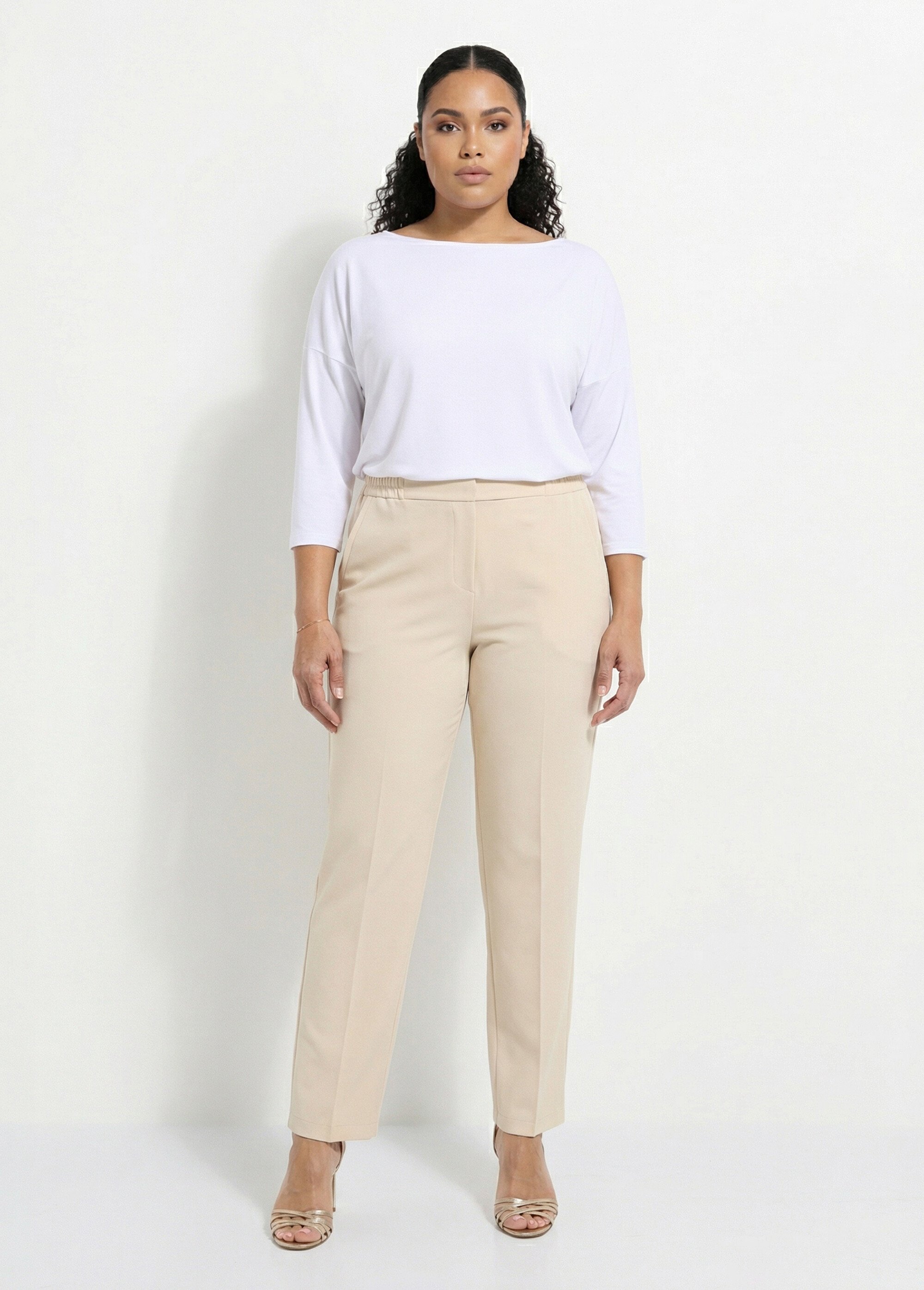 Pantalon droit taille semi-élastiquée Femme Grande Taille Beige NOCETA SI1